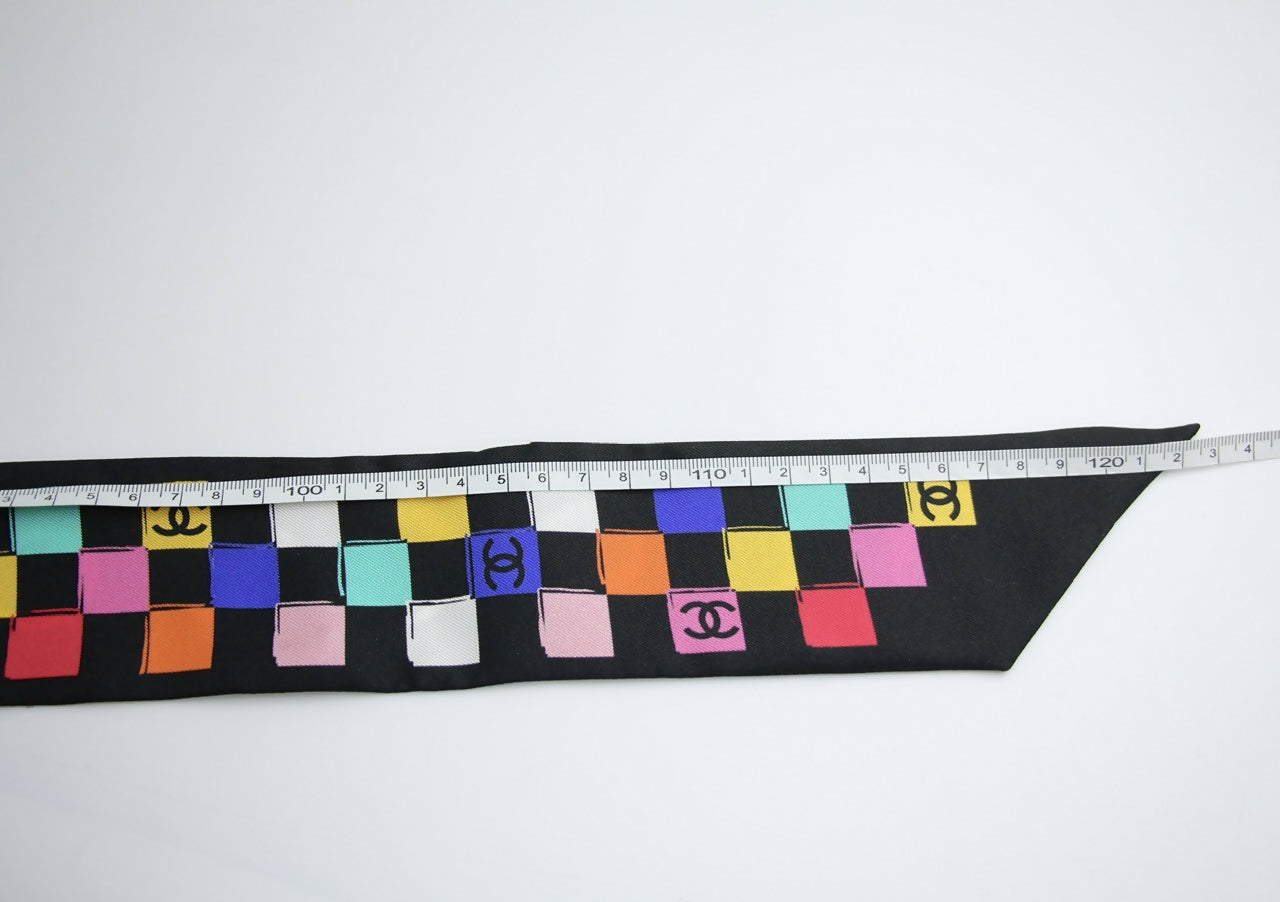 CHANEL 100% Silk Twilly Checkered Pattern CC Logo Scarf in Black and Multicolour