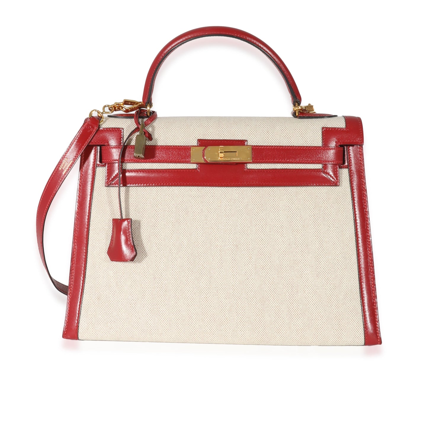 Hermes Kelly 32 Vintage Rouge Box Natural Toile Sellier