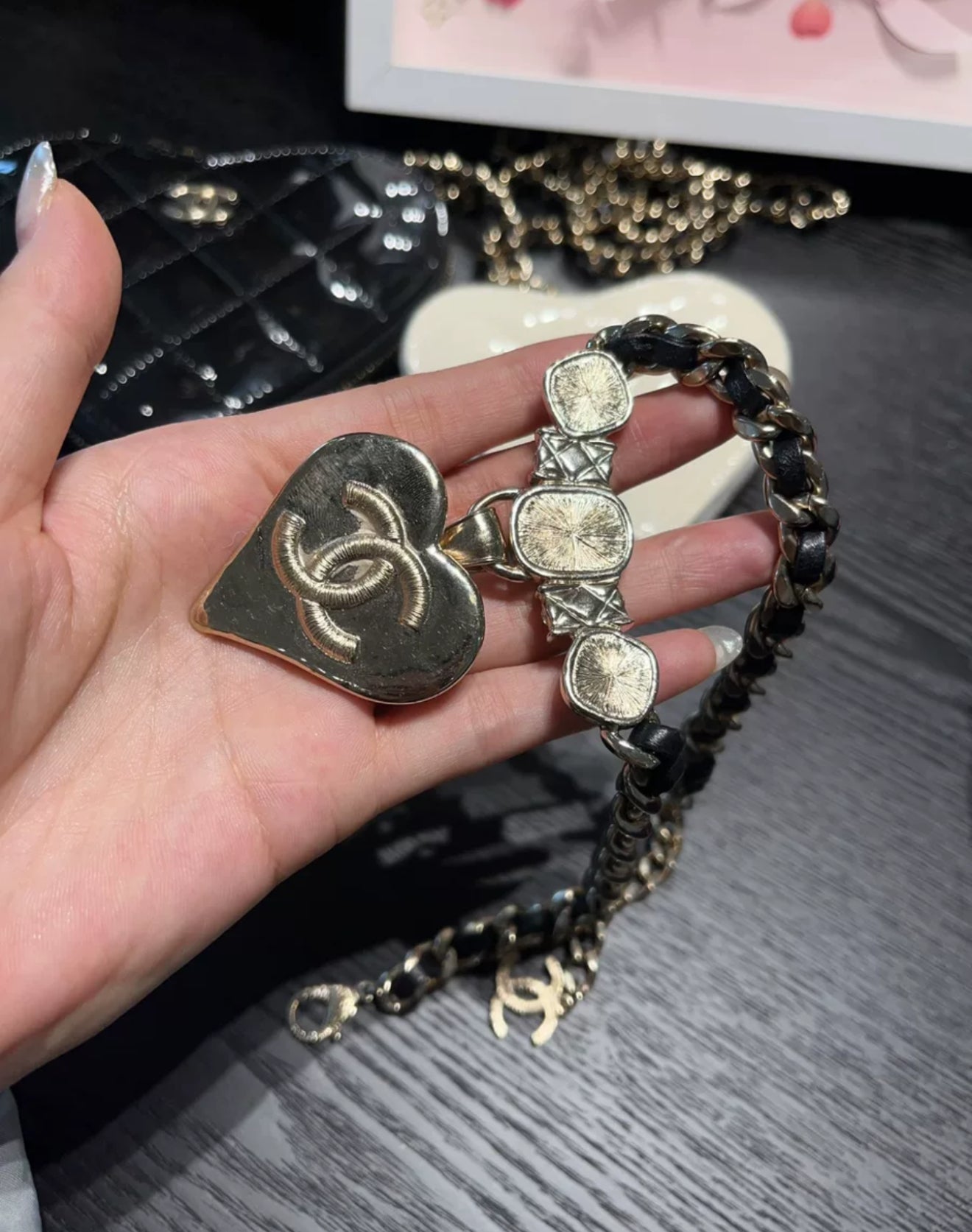 Chanel 21K Black Gold Leather Chain Double CC Heart Necklace