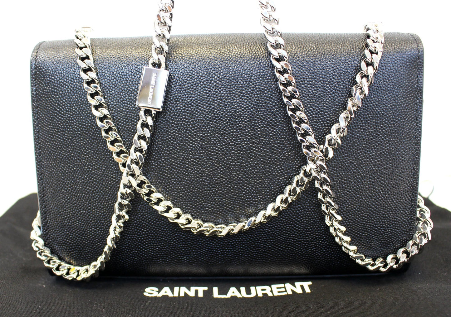 YVES SAINT LAURENT Kate Black Leather Silver Chain Clutch Crossbody Bag