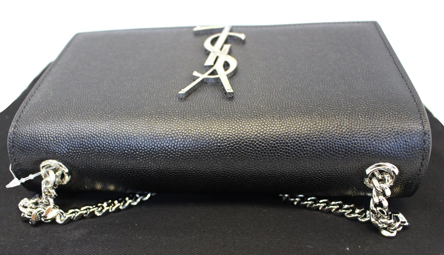 YVES SAINT LAURENT Kate Black Leather Silver Chain Clutch Crossbody Bag