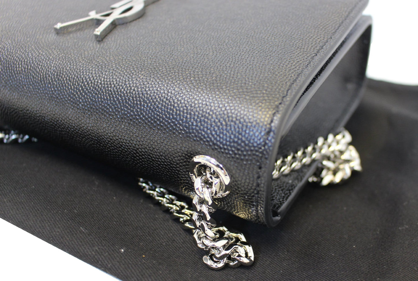 YVES SAINT LAURENT Kate Black Leather Silver Chain Clutch Crossbody Bag