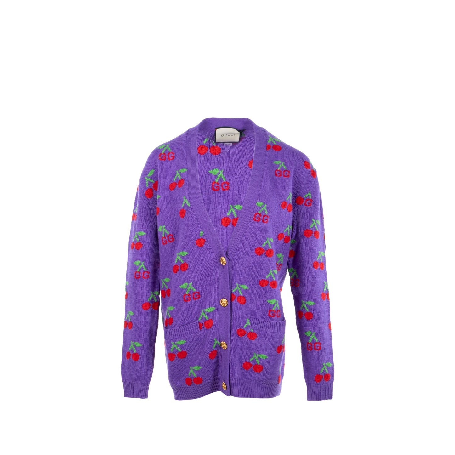 Gucci Size S GG Cherry Intarsia Knit Cardigan Wool Purple