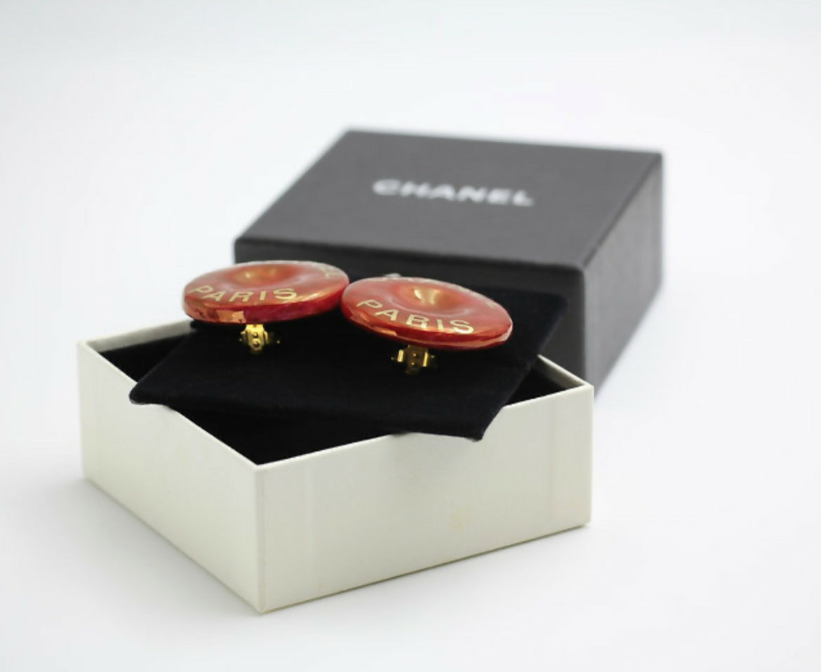 Chanel Vintage 97P Resin Big Red ‘CHANEL’ Round Gold-plated Clip-on Earrings