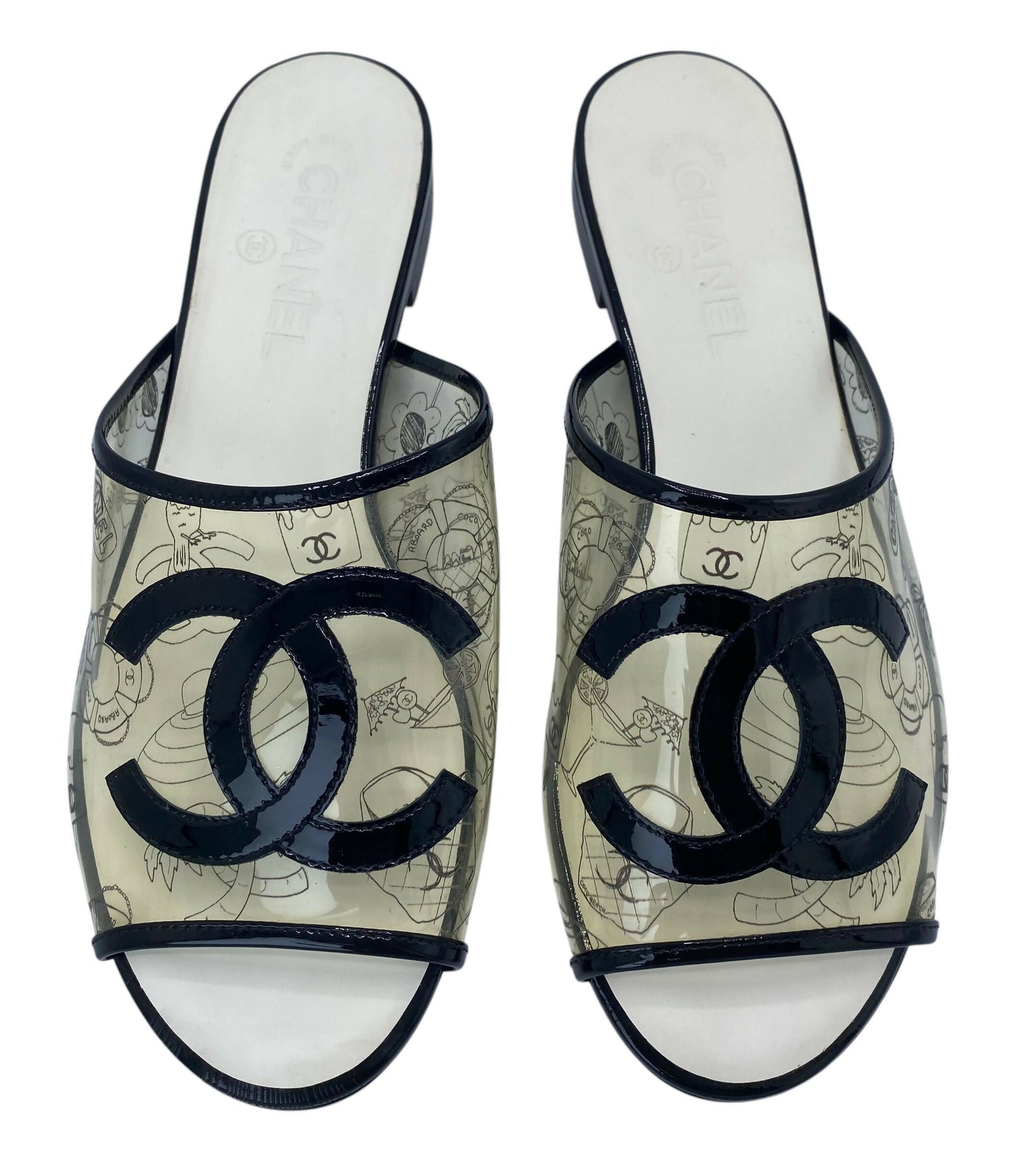 Rare Chanel PVC Black Patent Leather CC Logos Flat Slide Sandals EU 39.5C