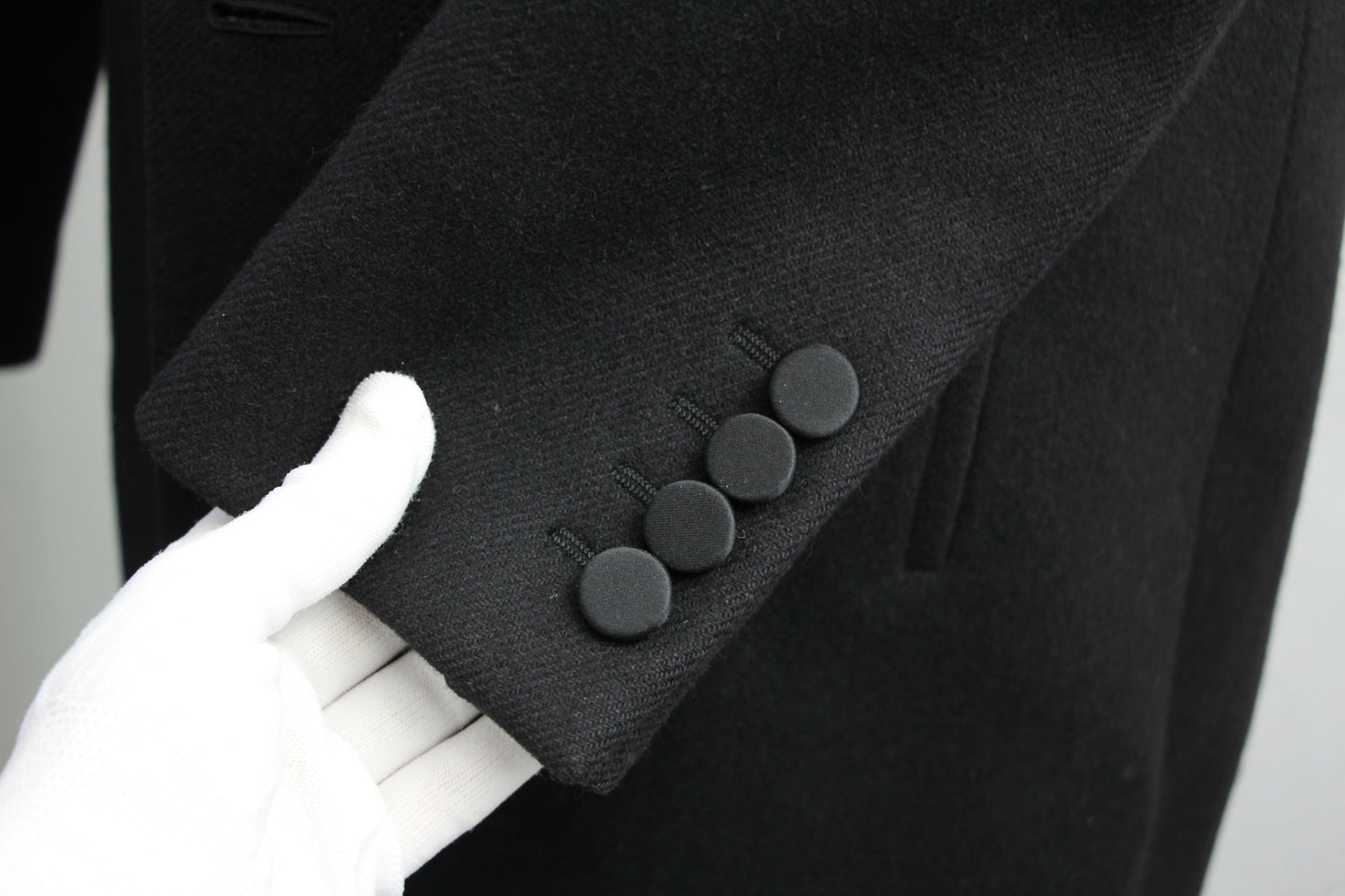 Saint Laurent Black Tuxedo Coat In Grain De Poudre + Saint Laurent YSL Logo Twisted Stripe Texture Brooch