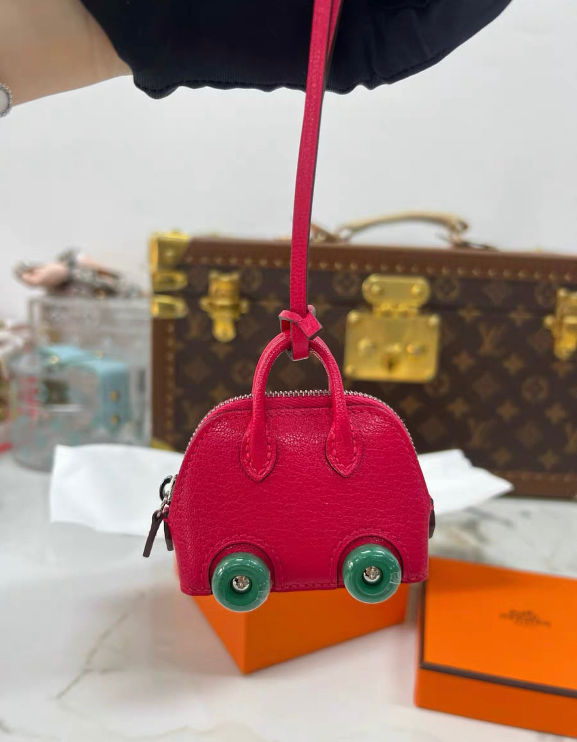Hermes Bolide on Wheels Charm Rose extreme/Vert vertigo Chevre chamkila goatskin Silver hardware