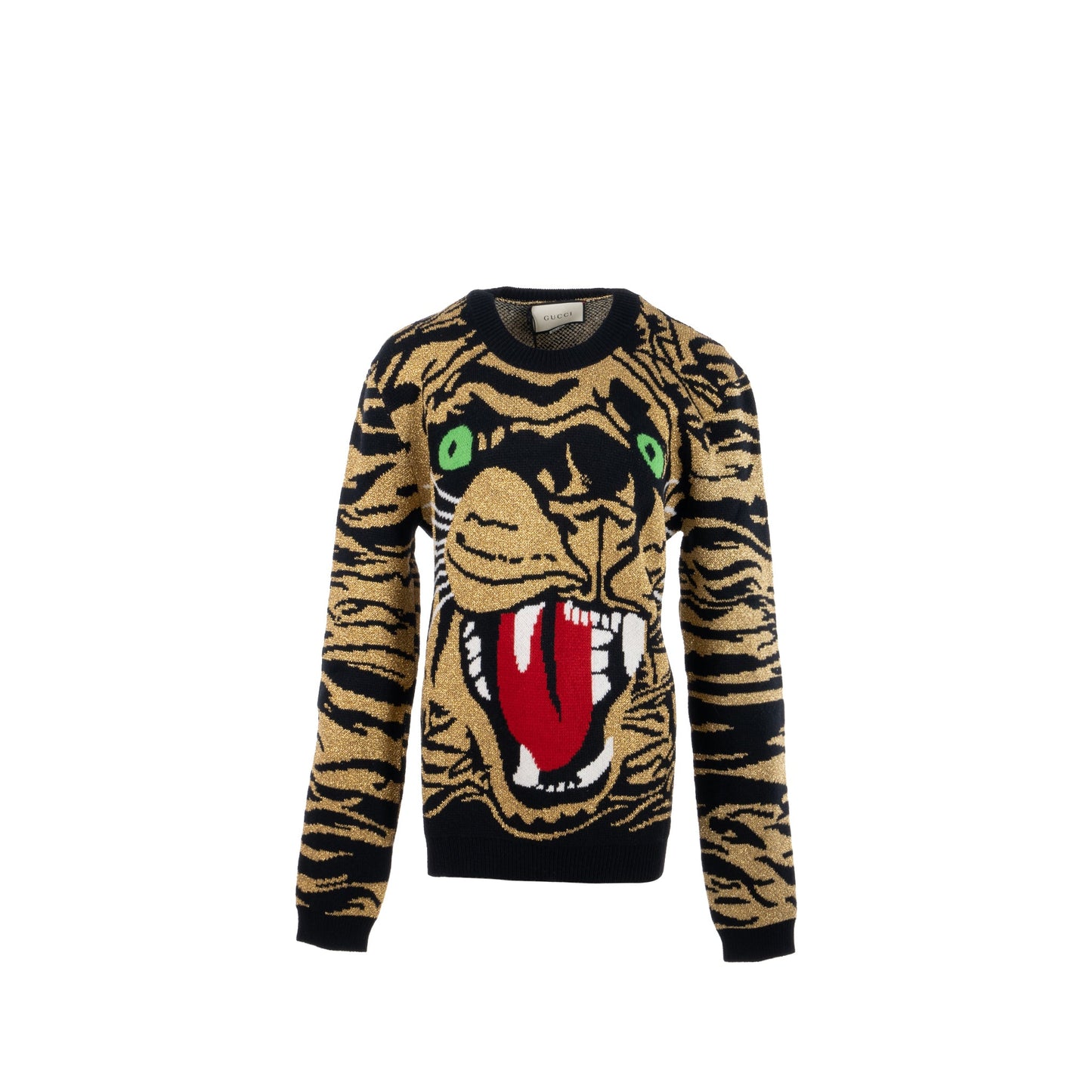 Gucci Size S Jacquard Tiger Sweater Wool/Metallised Fiber Gold/Black/Green