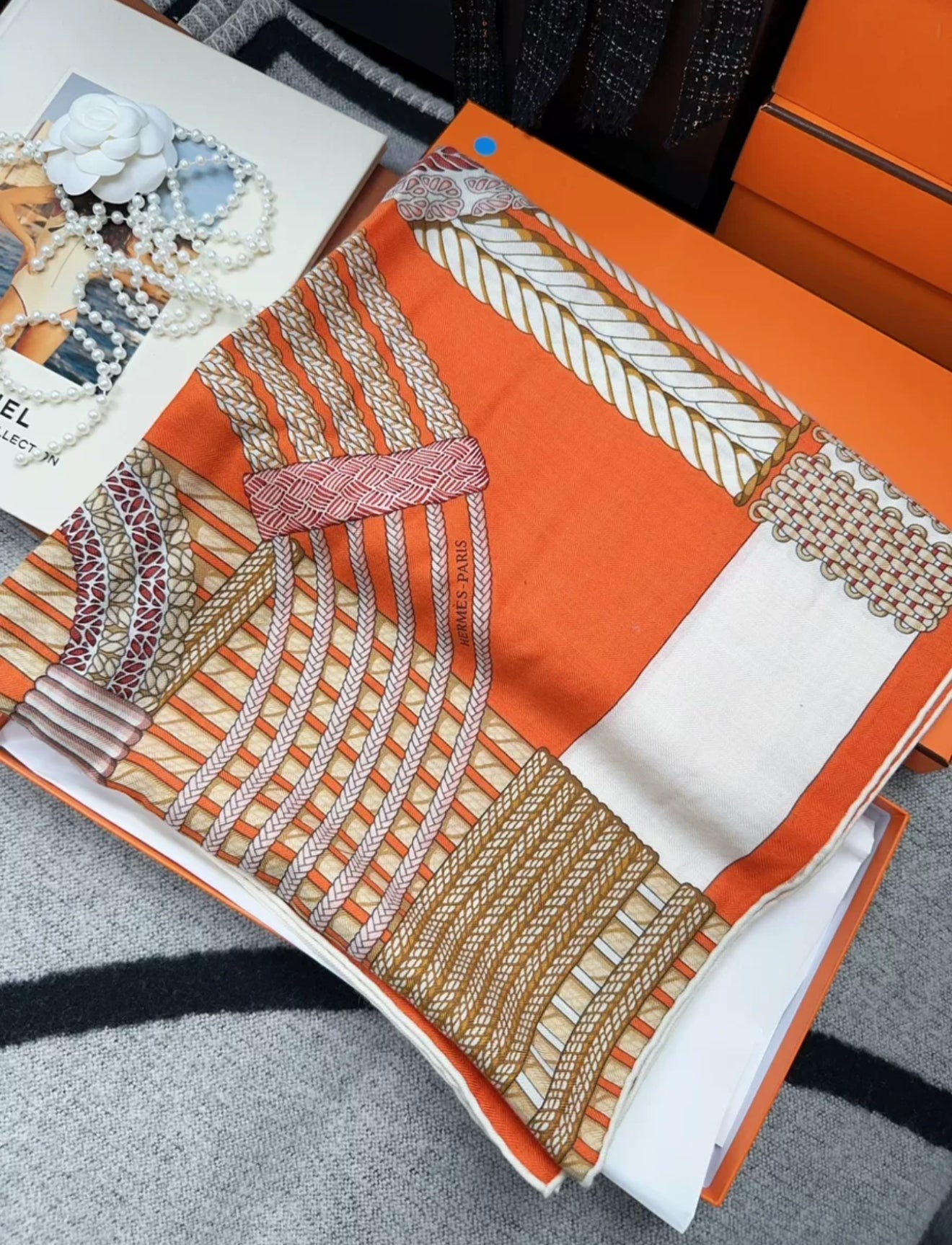Hermes Scarf Cashmere 140 “Dressage Tressage” Orange/White/Beige