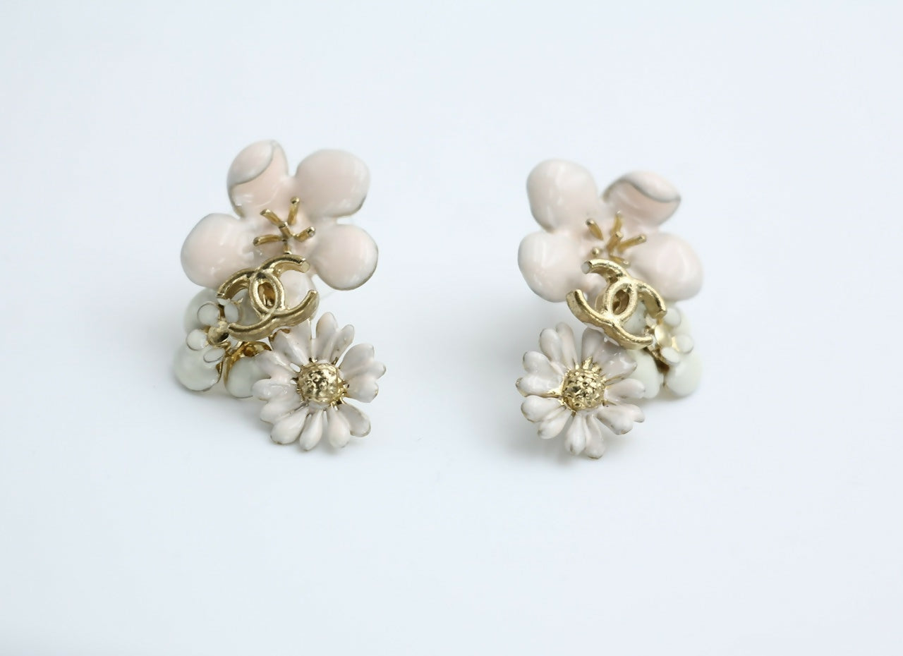 Chanel 10P Enamel Pink Camellia & Chrysanthemum Stud Earrings