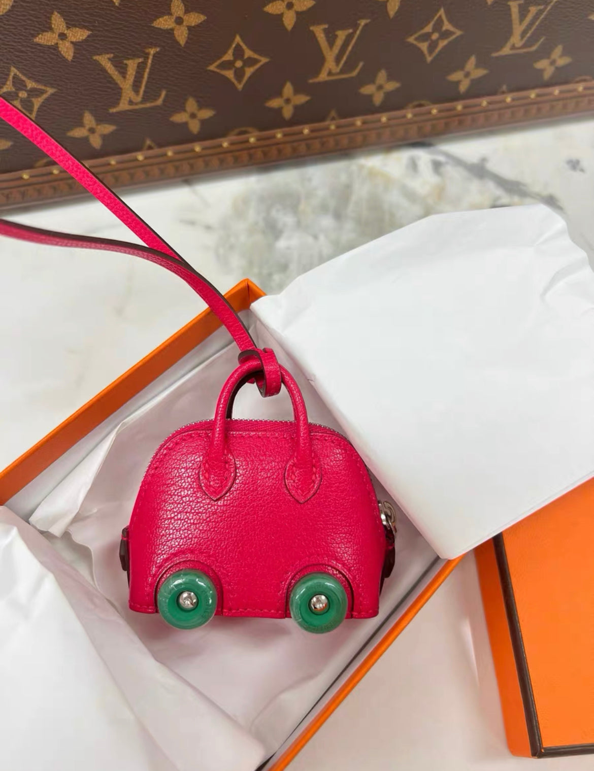Hermes Bolide on Wheels Charm Rose extreme/Vert vertigo Chevre chamkila goatskin Silver hardware