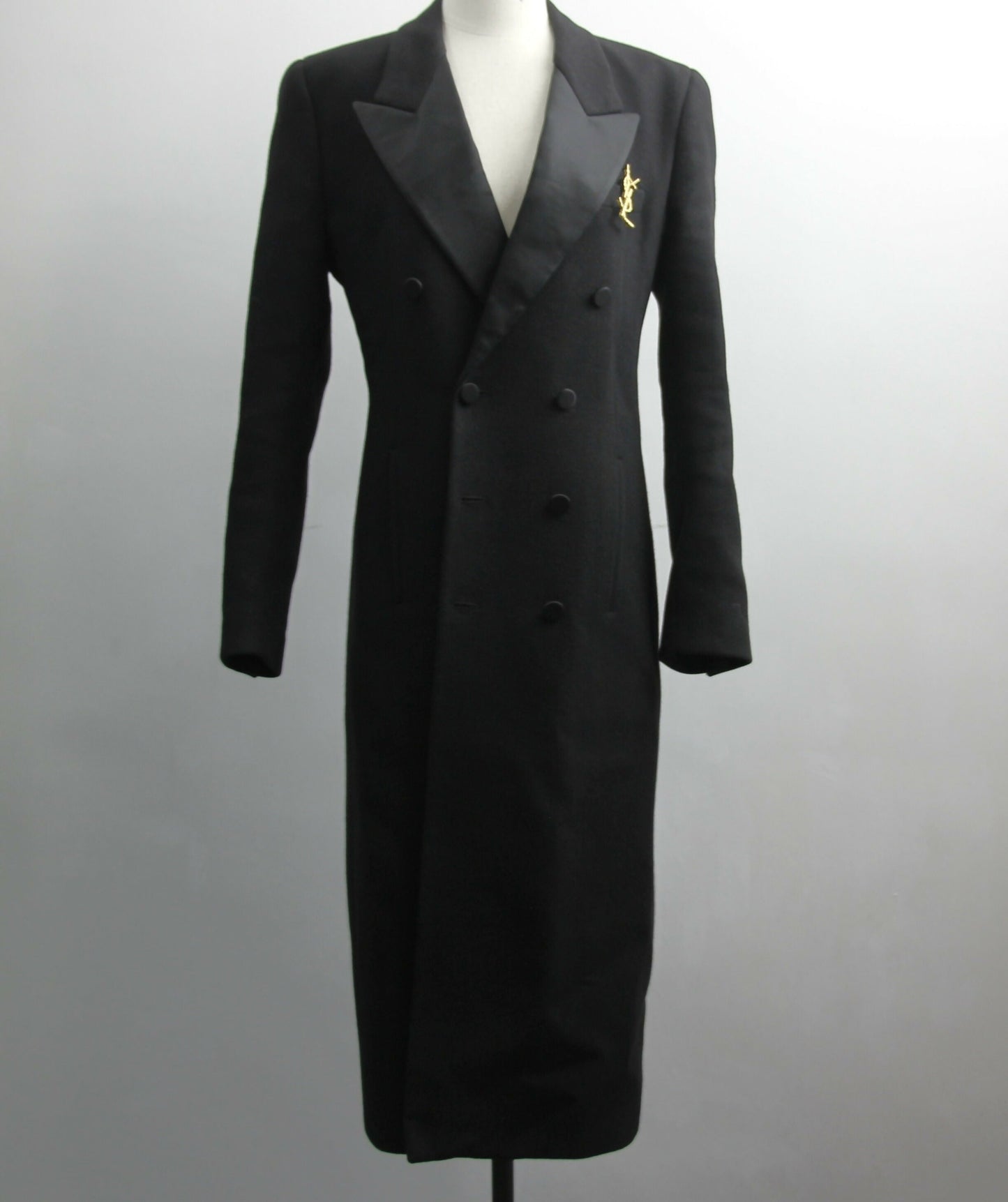 Saint Laurent Black Tuxedo Coat In Grain De Poudre + Saint Laurent YSL Logo Twisted Stripe Texture Brooch