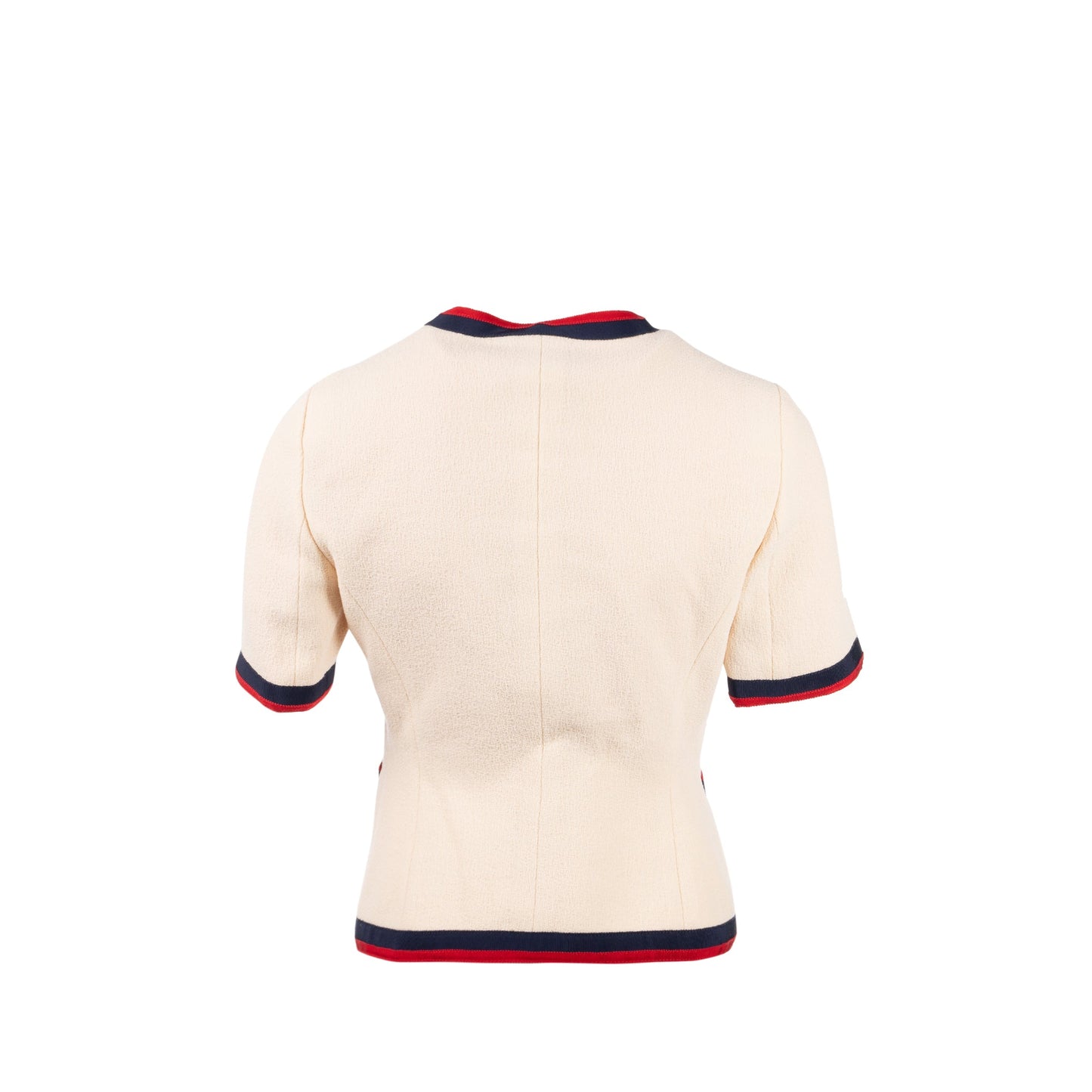 Gucci size 36 ribbon button mini jacket multicolour beige / navy/ red