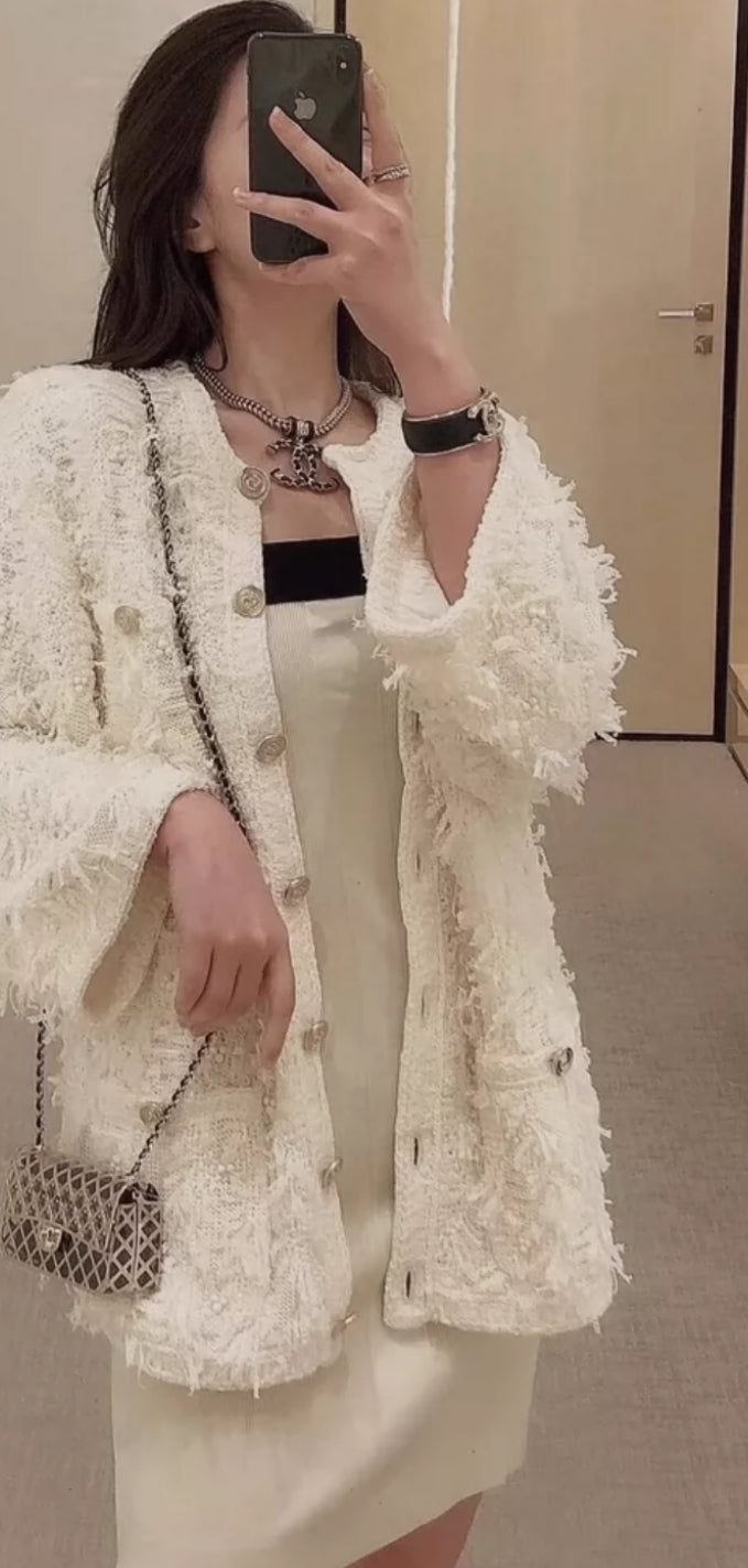 Chanel 21S off-white tassel cardigan
