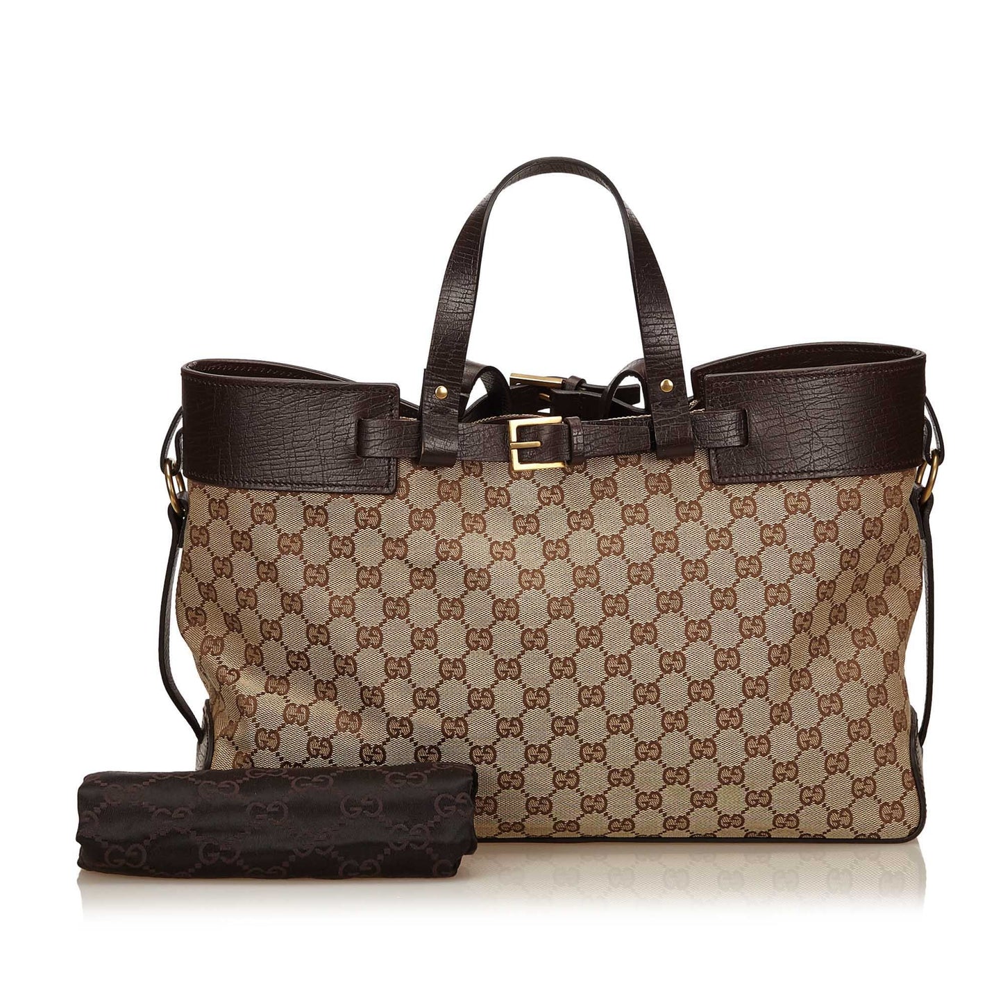Gucci Monogram Canvas Double Buckle Tote Bag