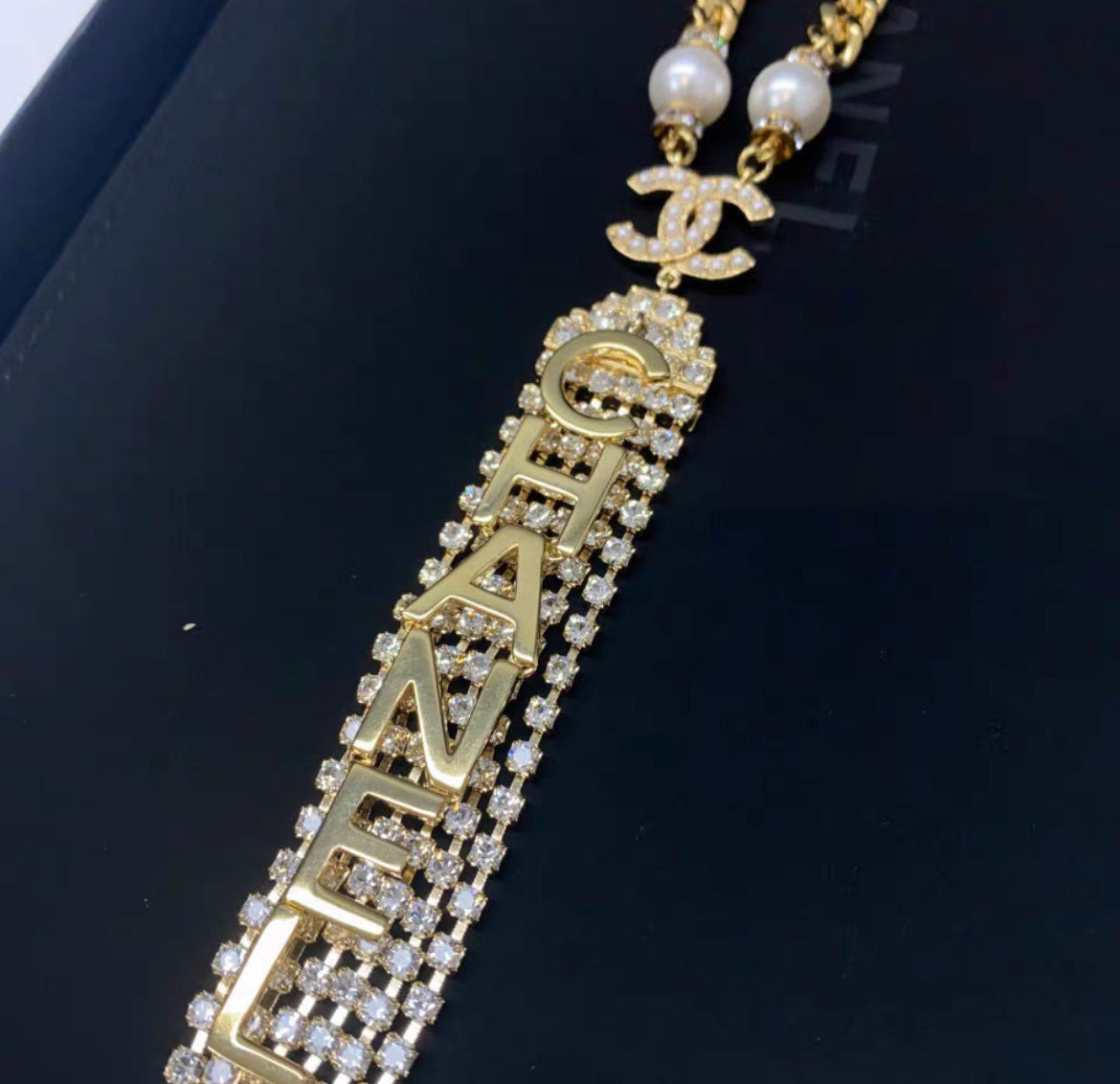 Chanel full diamond letter long pendant necklace