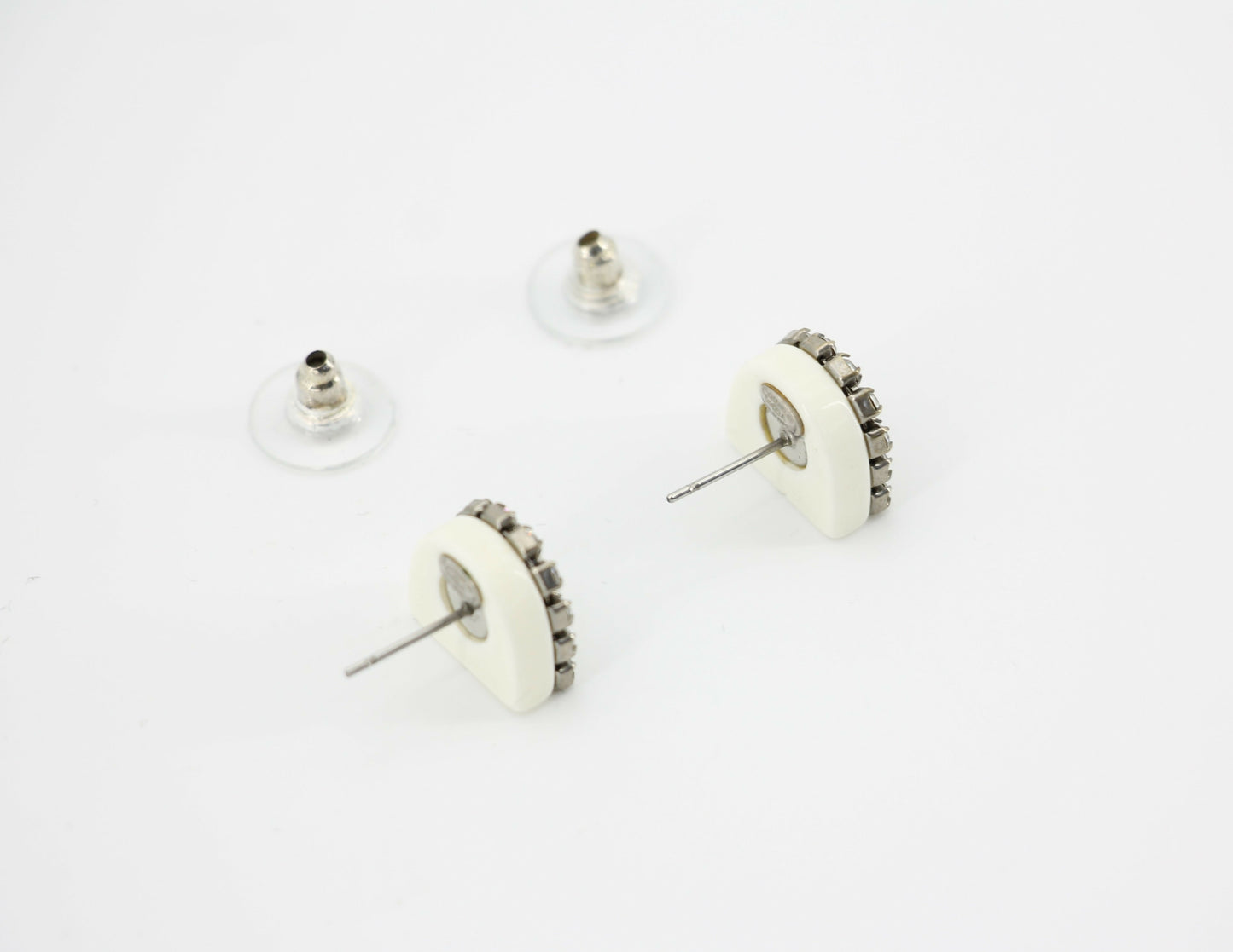 Chanel Vintage 00A Rhinestone White Ring Shape Stud Earrings