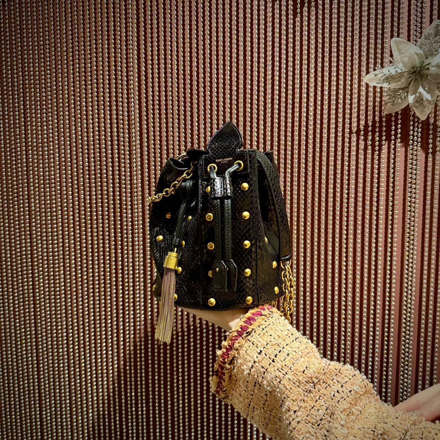 Saint Laurent Snakeskin Studded Anja Bucket Bag