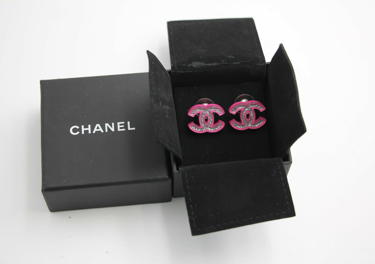 Chanel 2018 Resin Silver Glitter Pink Stud Earrings