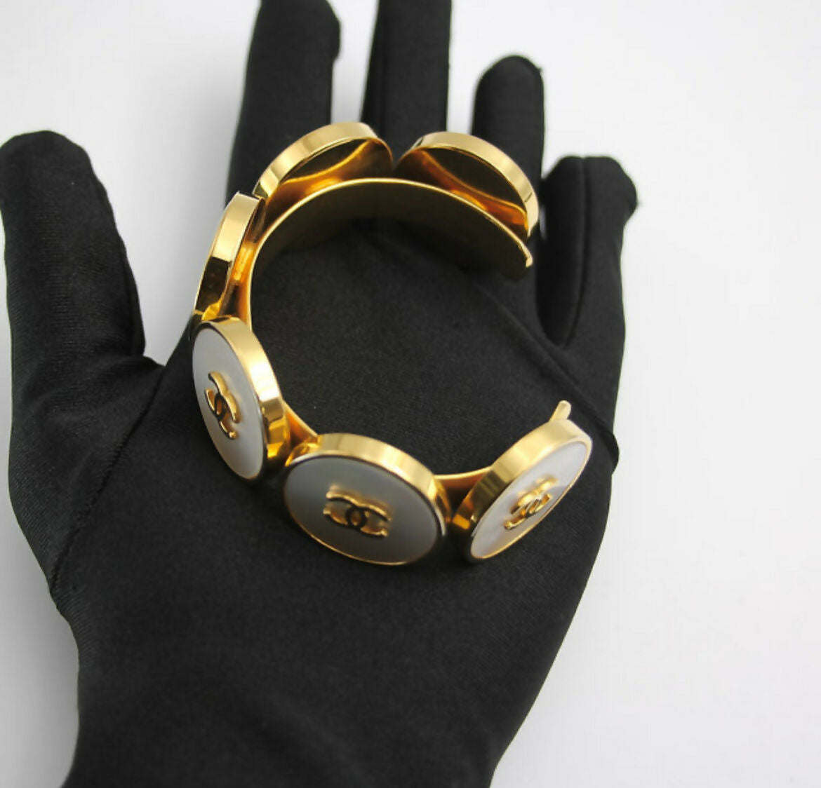 Chanel Vintage 95A Mother-of-Pearl Circle Shape Gold Plated Bracelet Cuff