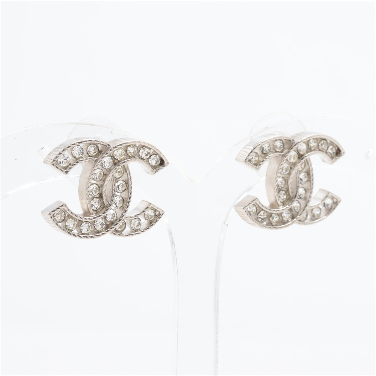 Chanel Coco Logo Silver Rhinestone Earrings Costume Jewellery