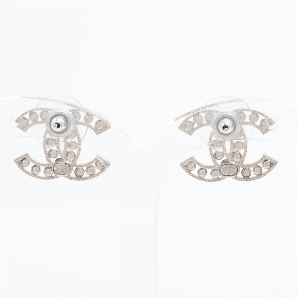 Chanel Coco Logo Silver Rhinestone Earrings Costume Jewellery