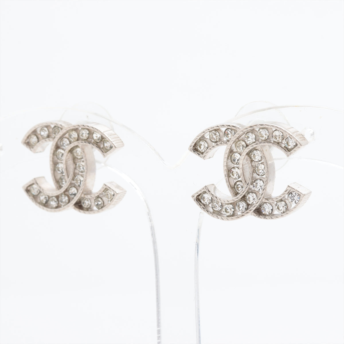 Chanel Coco Logo Silver Rhinestone Earrings Costume Jewellery