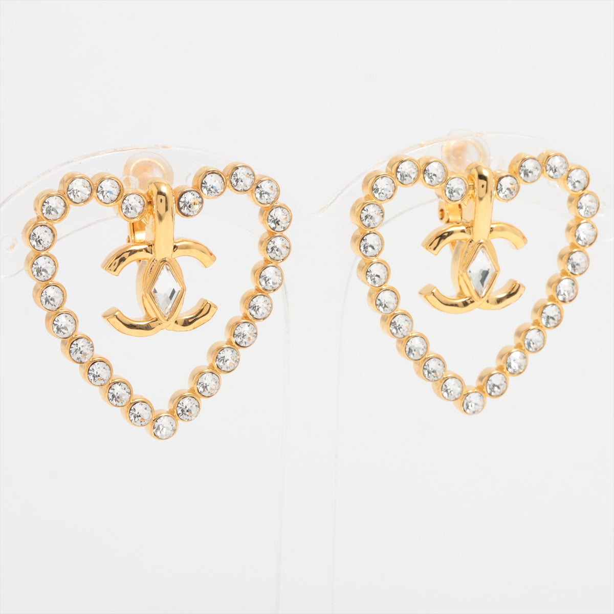 Chanel Coco Heart Rhinestone Gold Clip On Earrings Costume Jewellery 2023
