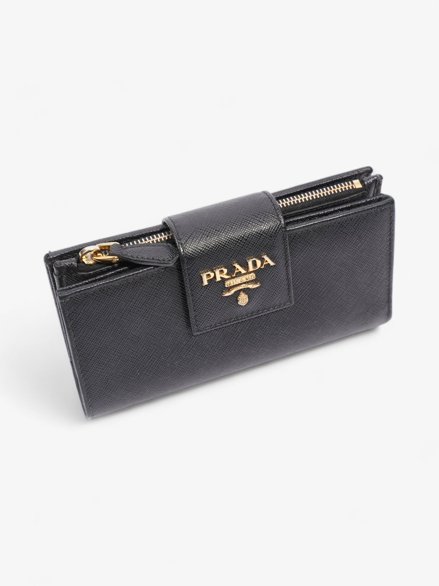 Prada Logo Buckle Wallet Black Saffiano Leather Medium