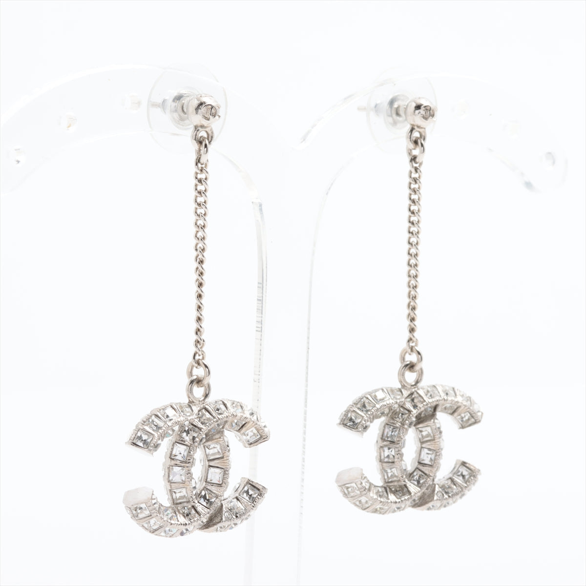 Chanel Coco Logo Silver Double sided Rhinestone Drop Earrings Costume Jewellery