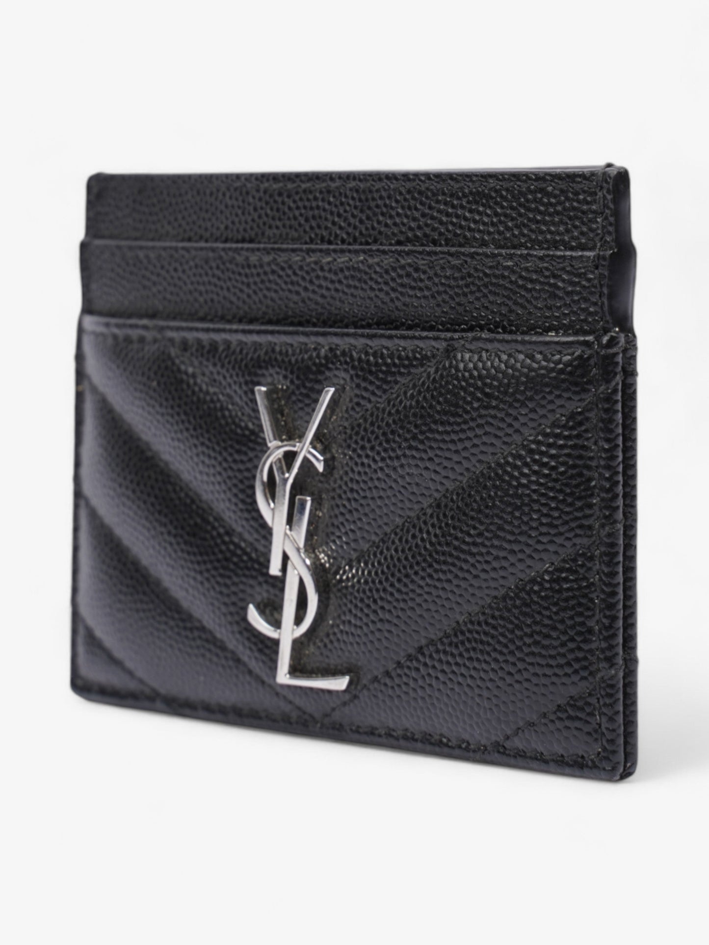 Saint Laurent Cassandre Card Holder Black / Silver Grained Leather