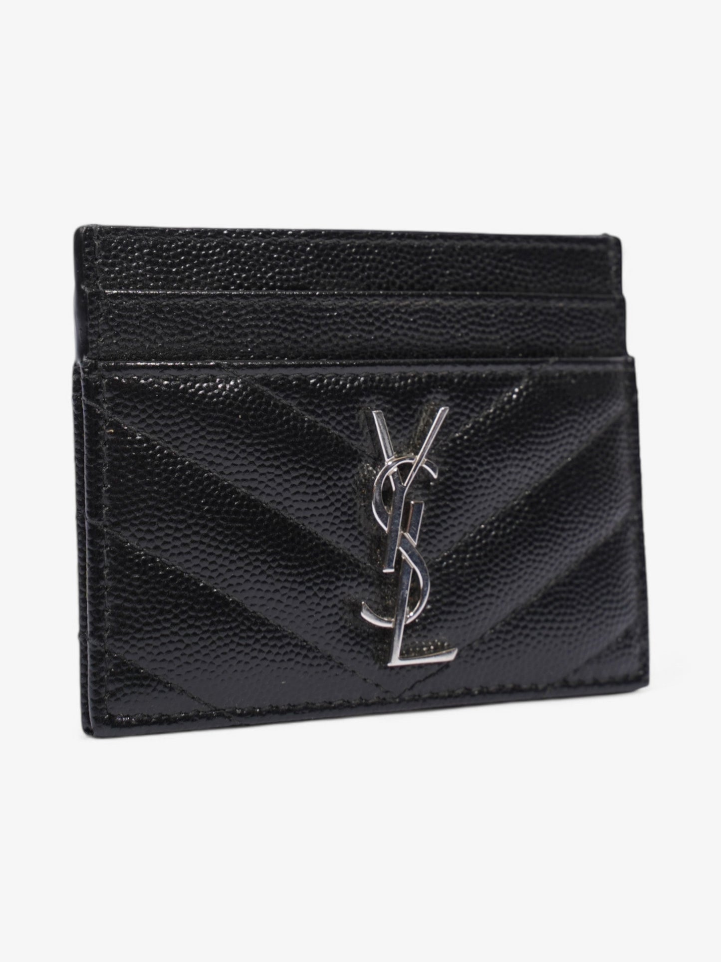 Saint Laurent Cassandre Card Holder Black / Silver Grained Leather