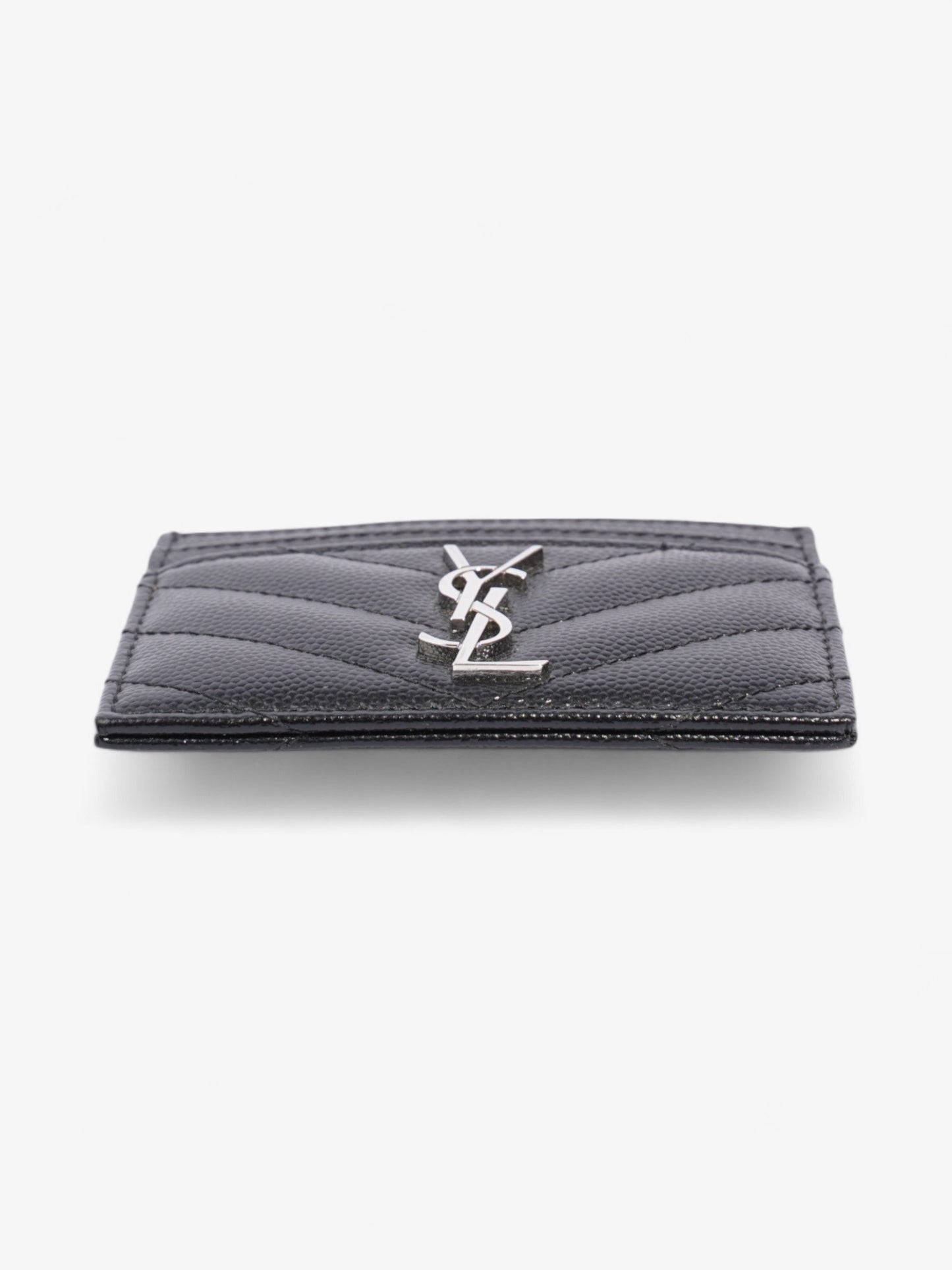 Saint Laurent Cassandre Card Holder Black / Silver Grained Leather