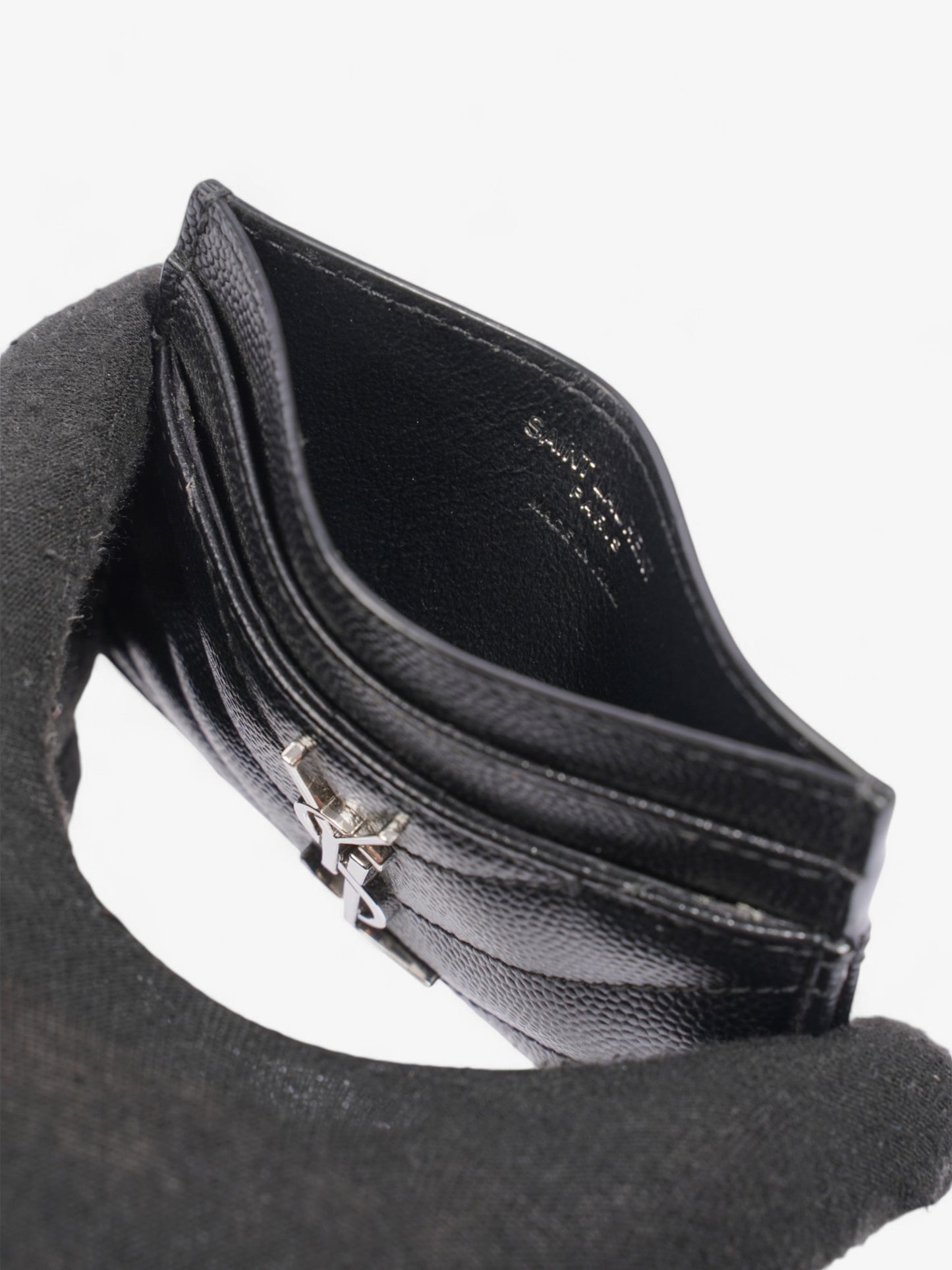 Saint Laurent Cassandre Card Holder Black / Silver Grained Leather