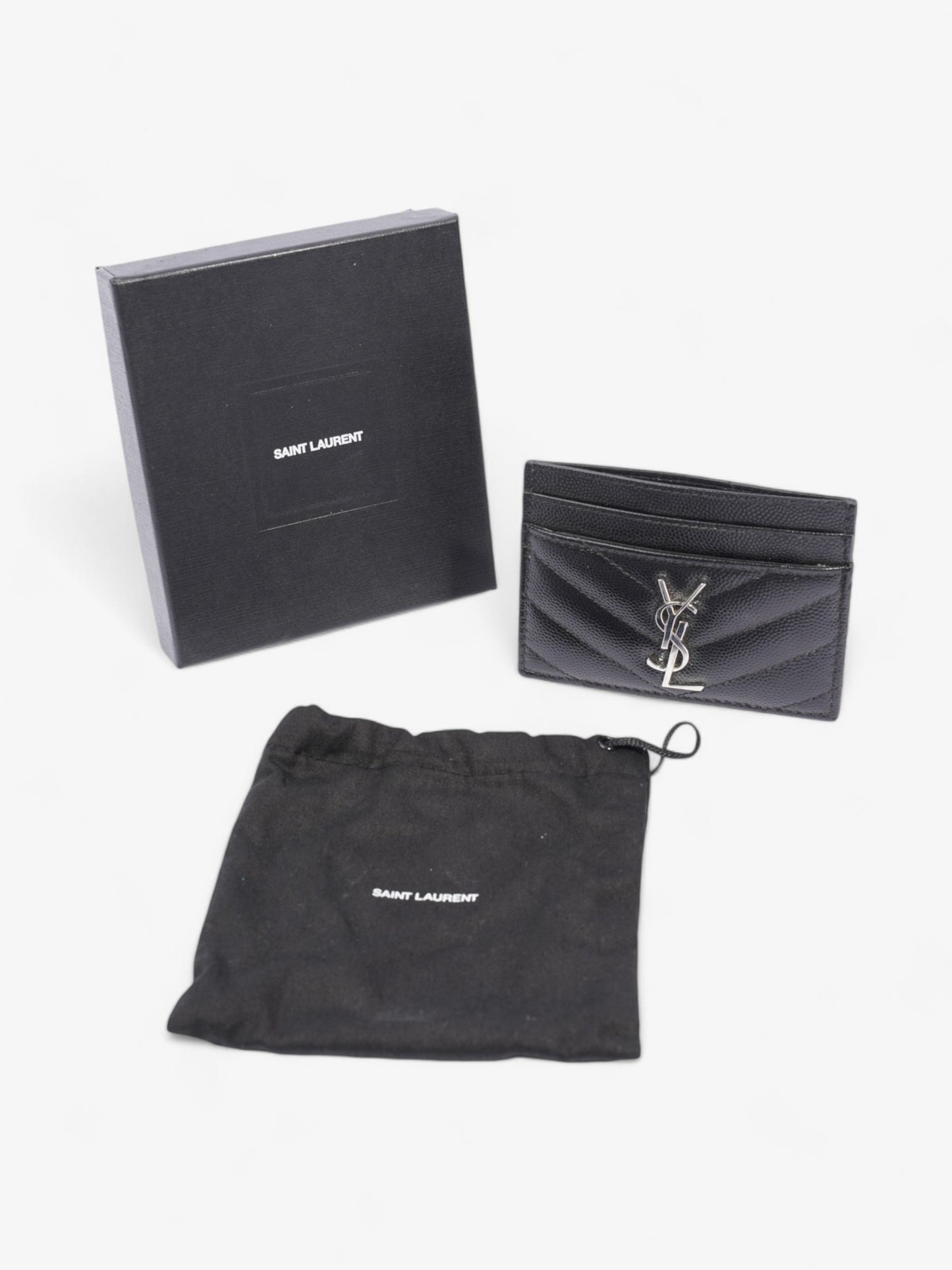 Saint Laurent Cassandre Card Holder Black / Silver Grained Leather