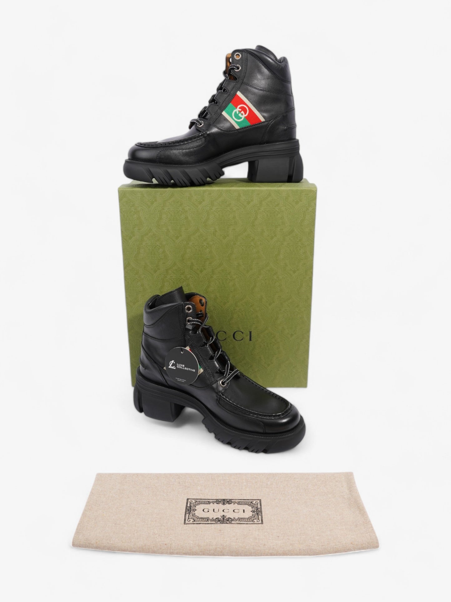 Gucci Interlocking GG Ankle Boots 65 Black / Red / Green Leather EU 42 UK 9