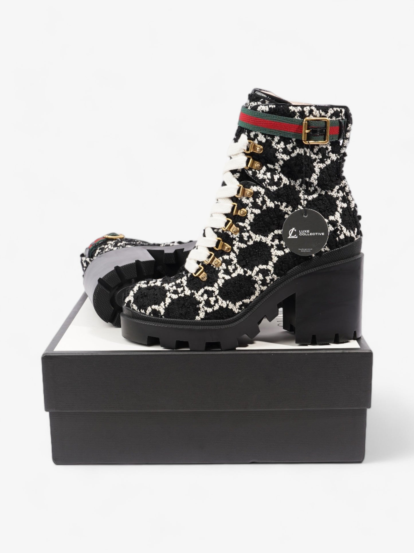 Gucci Lace Up Ankle Boots 90mm Black / White Tweed EU 41 UK 7