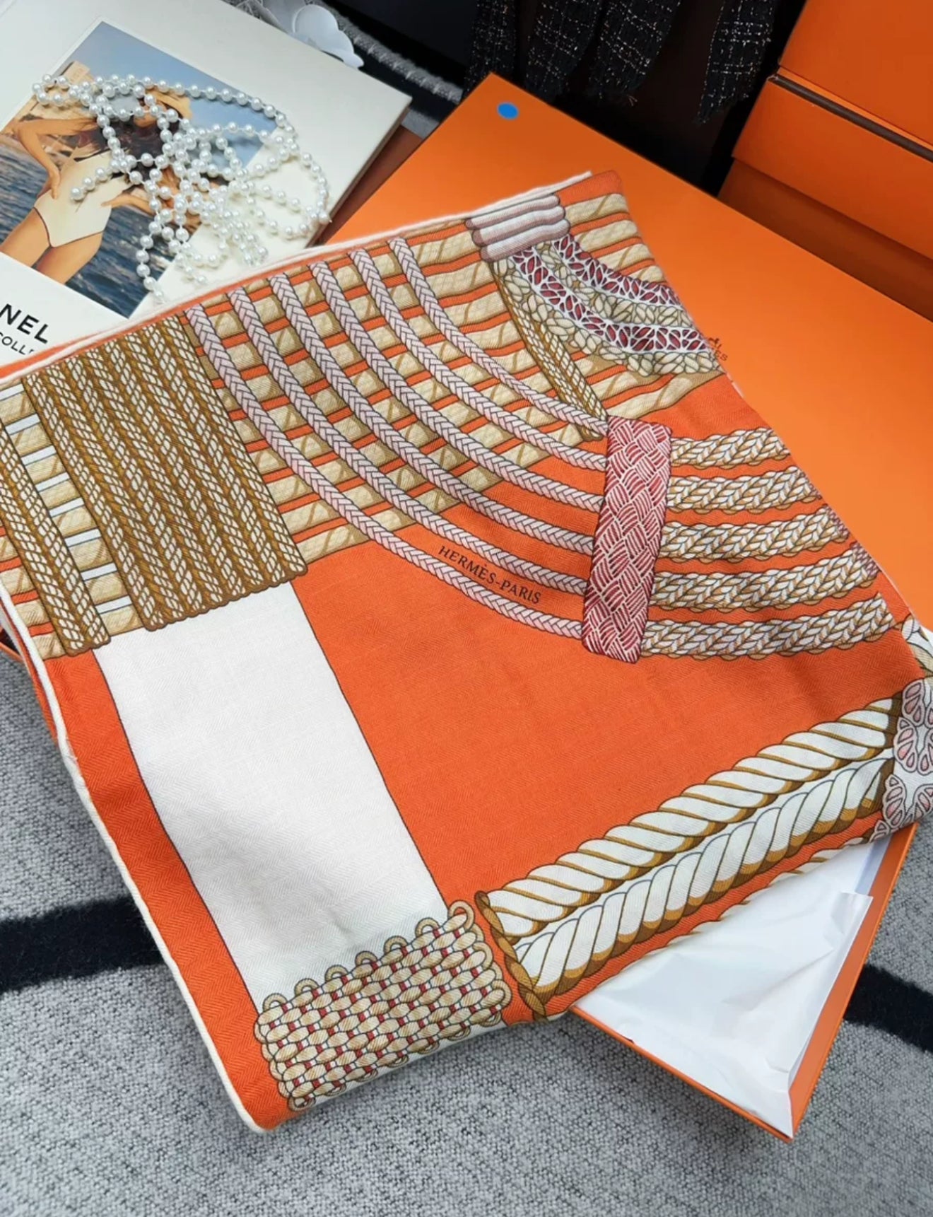 Hermes Scarf Cashmere 140 “Dressage Tressage” Orange/White/Beige