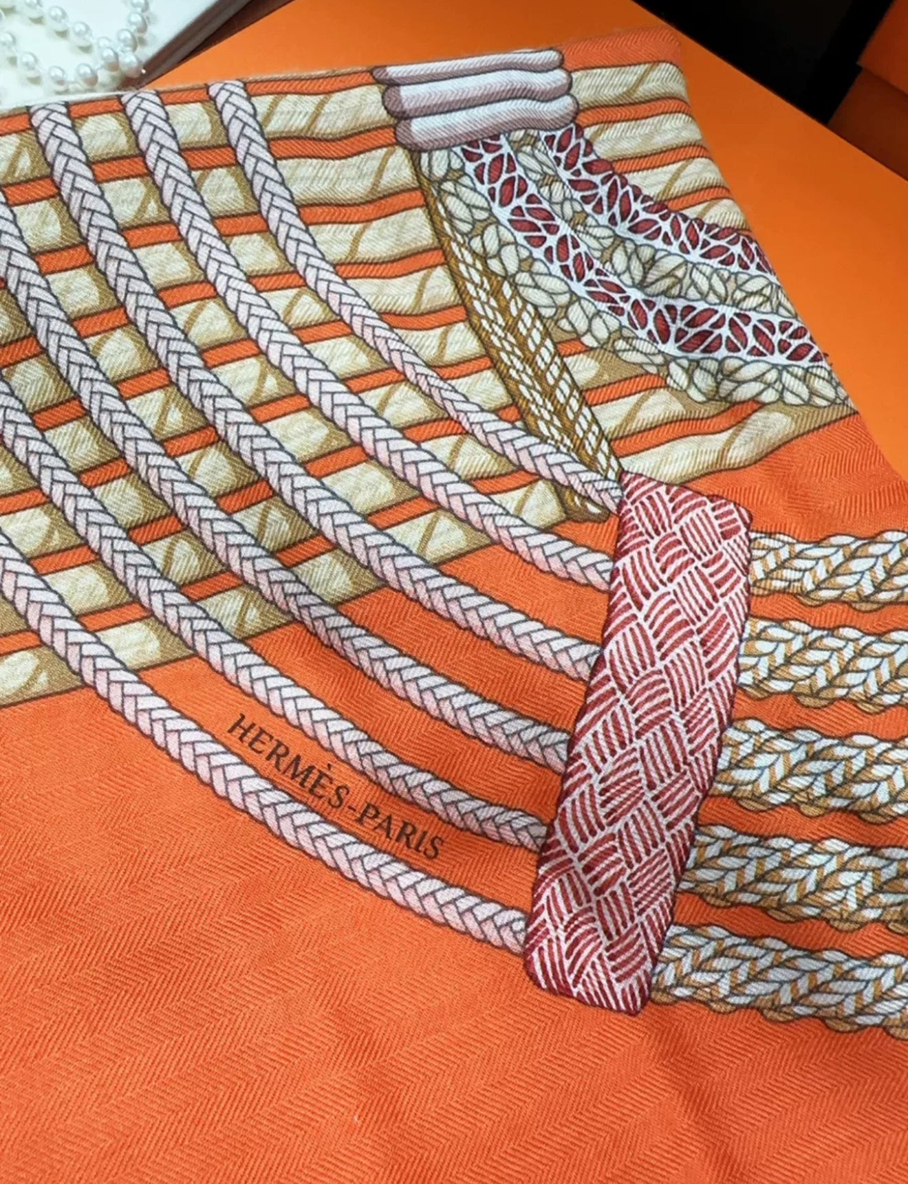 Hermes Scarf Cashmere 140 “Dressage Tressage” Orange/White/Beige