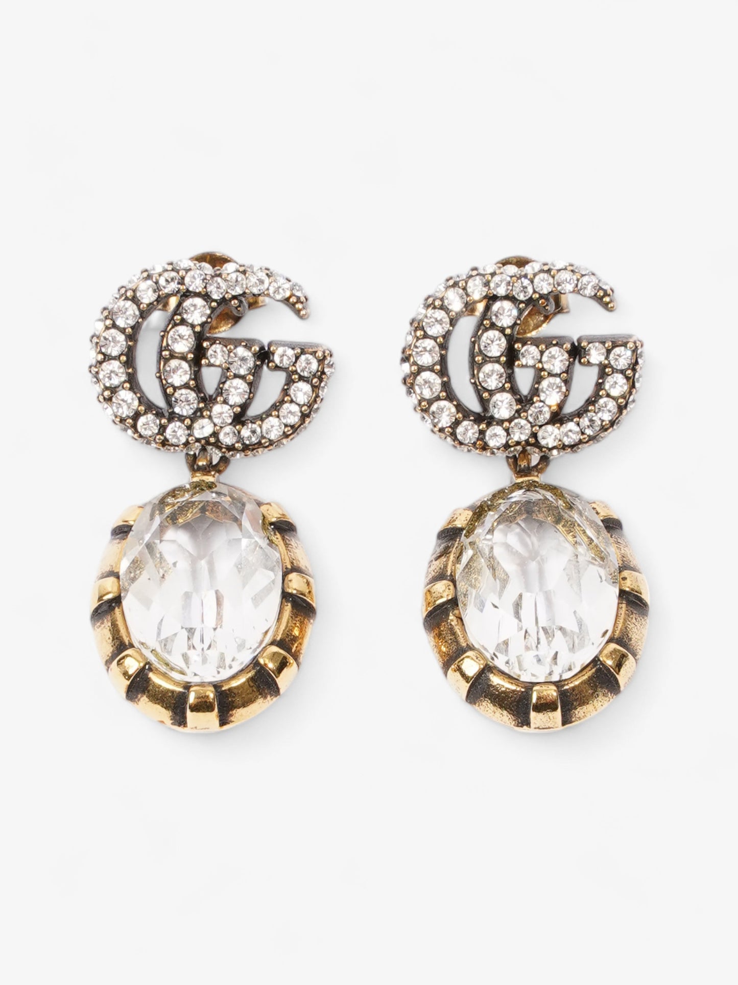 Gucci Crystal Double G Drop Earrings Aged Gold Base Metal