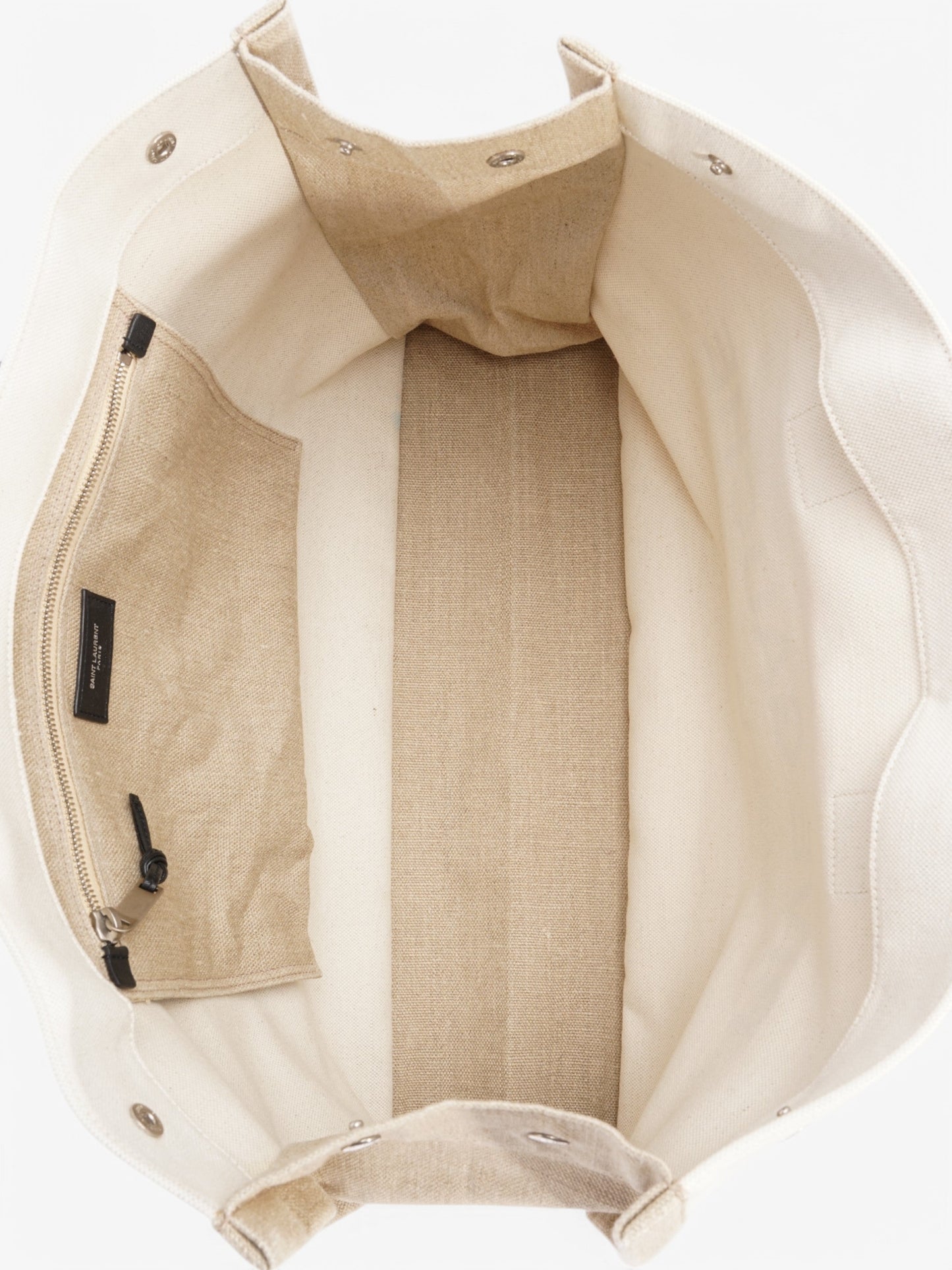 Saint Laurent Rive Gauche Tote White / Black / Greige Canvas Large