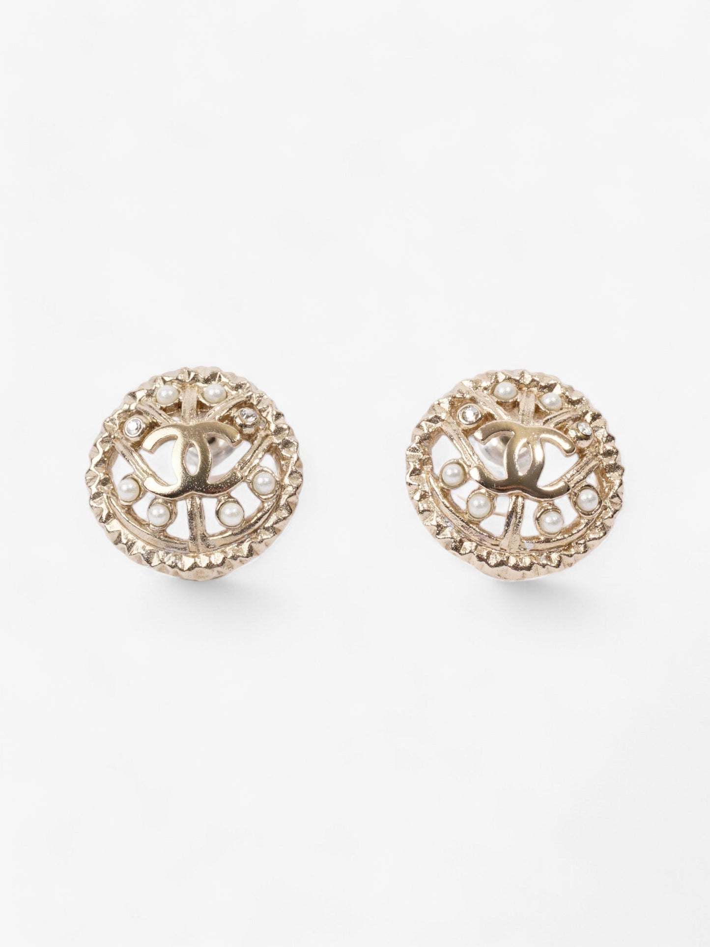Chanel CC Round Pearl Earrings Gold Base Metal