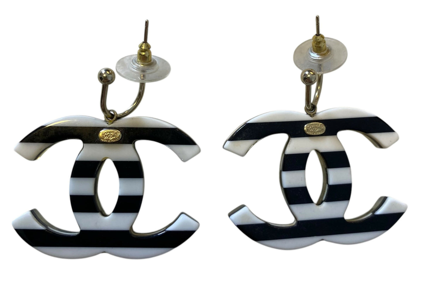 Rare Chanel 05A Oversized Large Black White Striped Resin Pearl Enamel CC Earrings