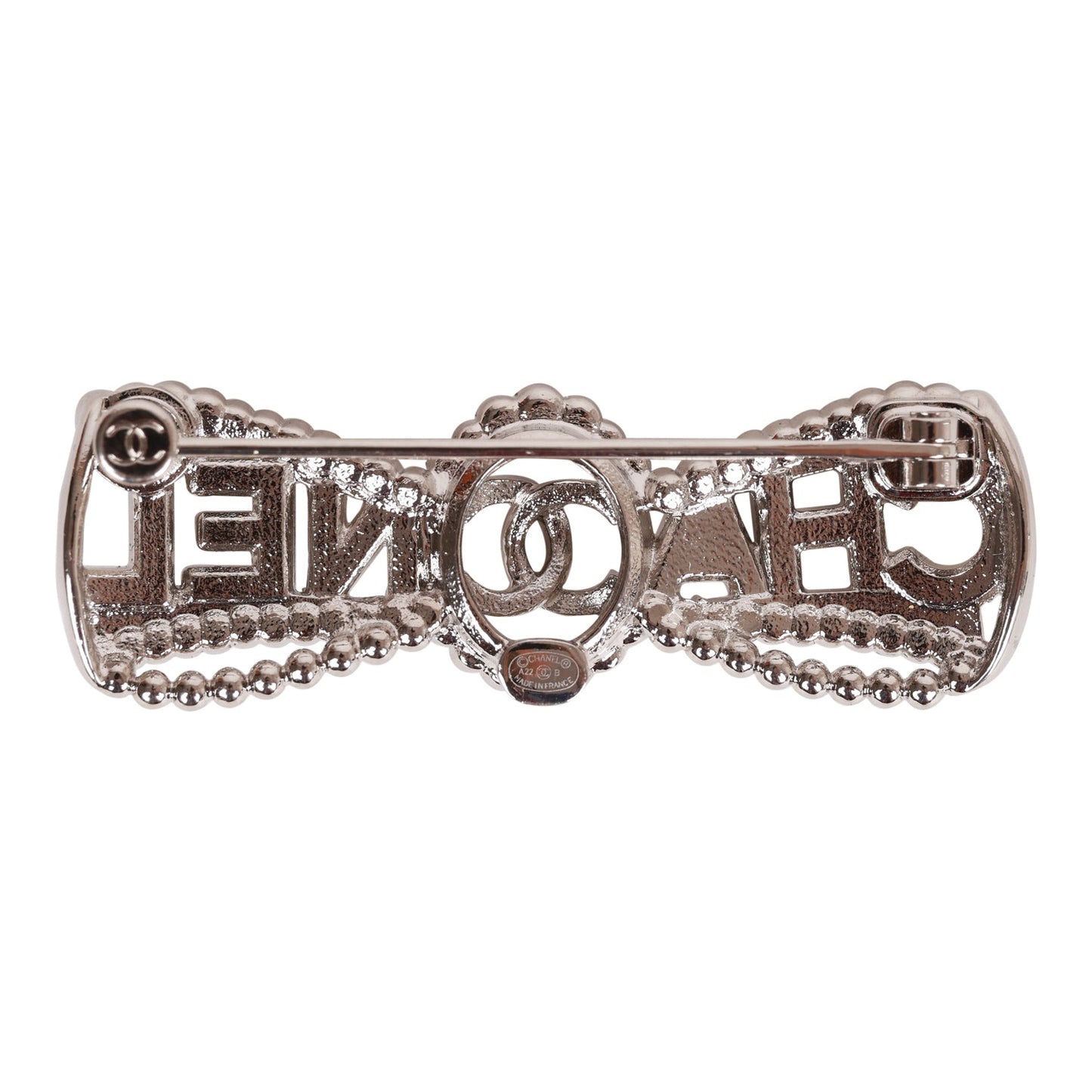 Chanel Crystal Bow CC Silver Brooch