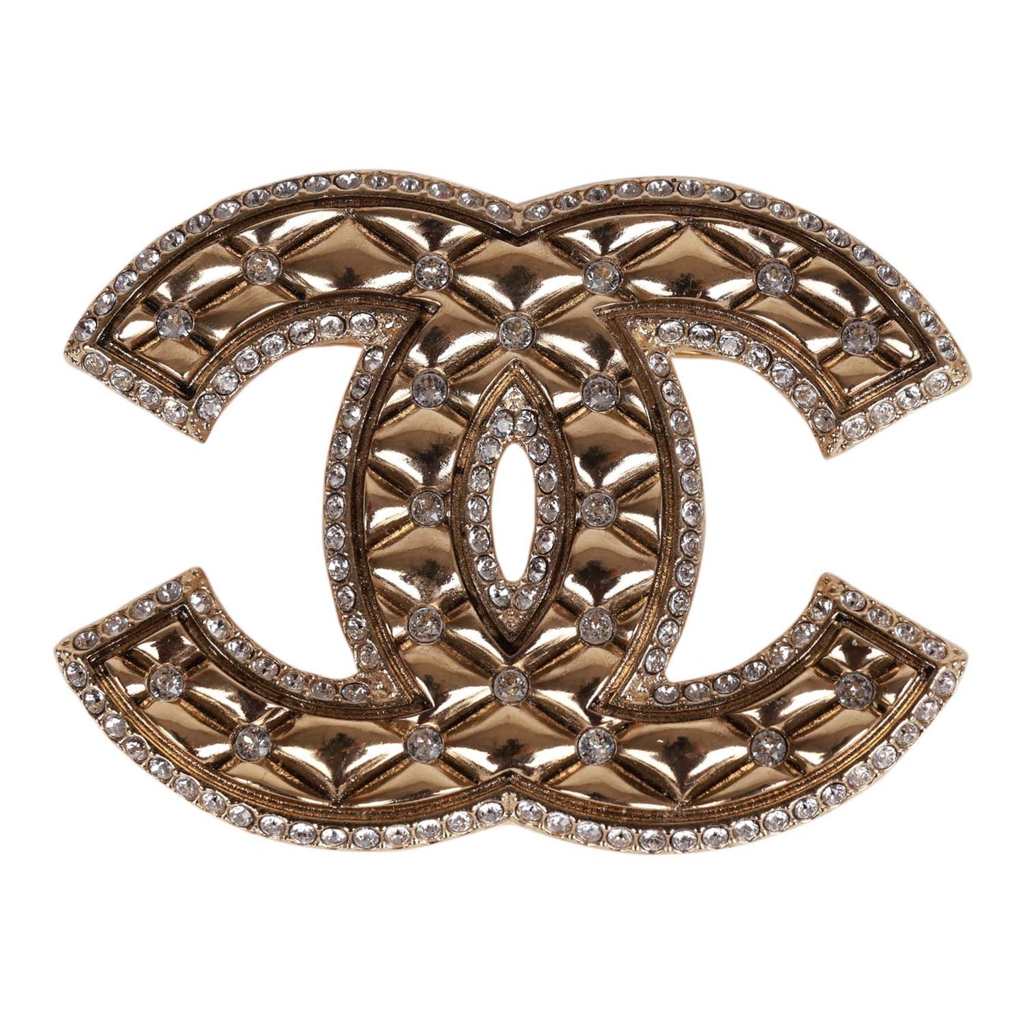 Chanel CC-Logo Gold Tone and Crystal Quilted Large Brooch