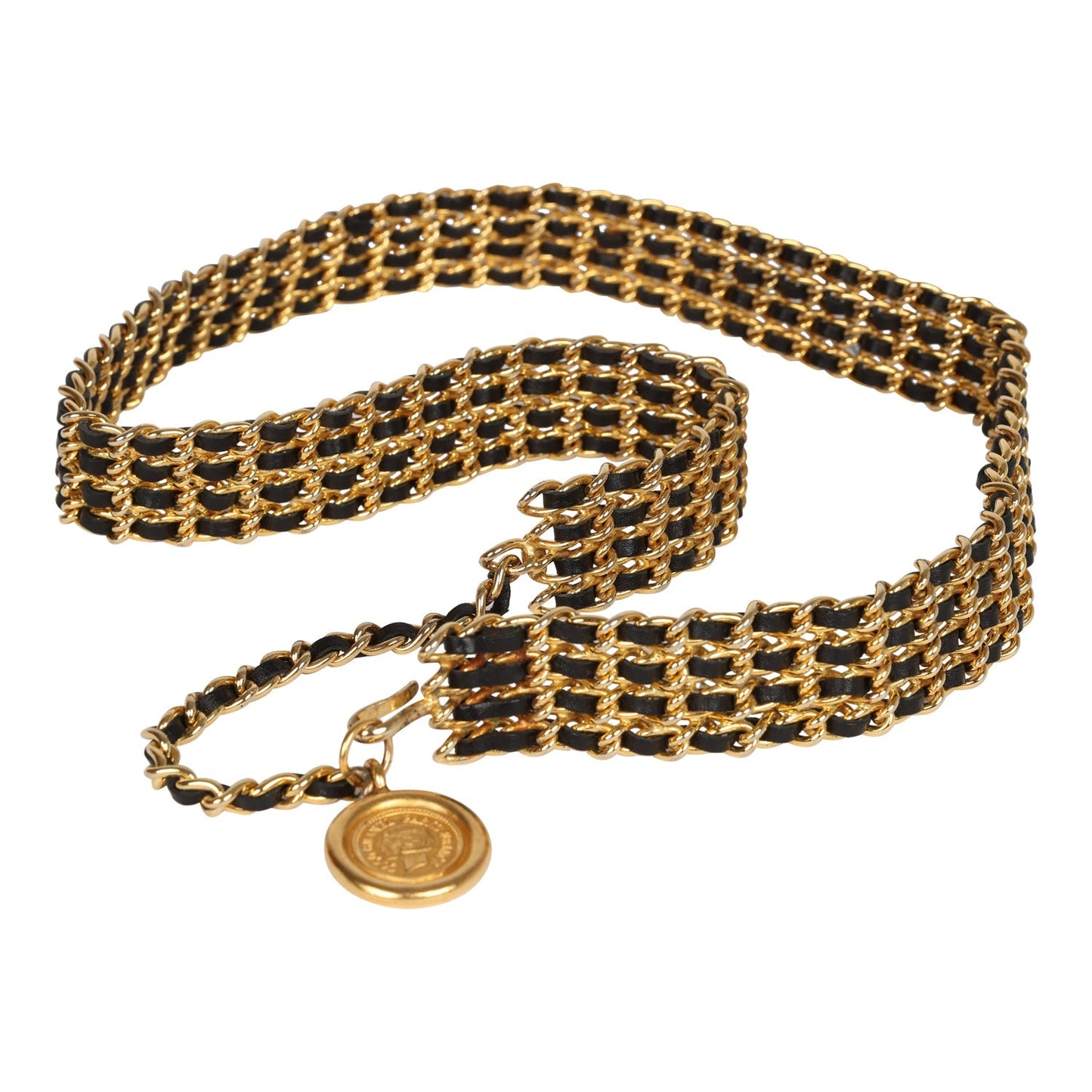 Chanel Vintage 24K Gold Plated Quadruple Layered Chain Belt Black Leather