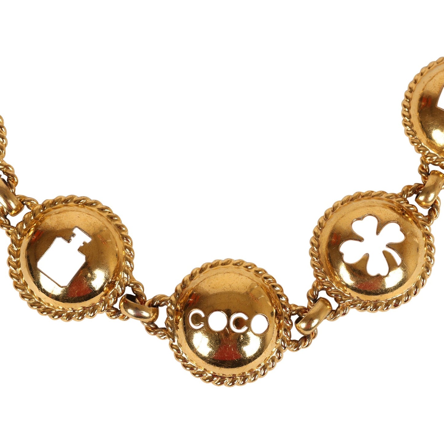 Chanel Vintage 24K Gold Plated Round Cutout Lucky Charms Chain Belt