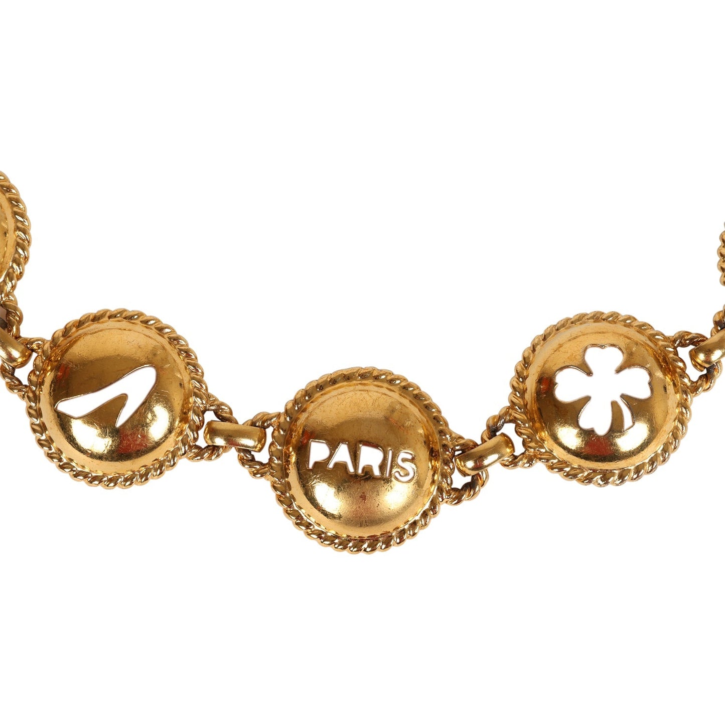 Chanel Vintage 24K Gold Plated Round Cutout Lucky Charms Chain Belt
