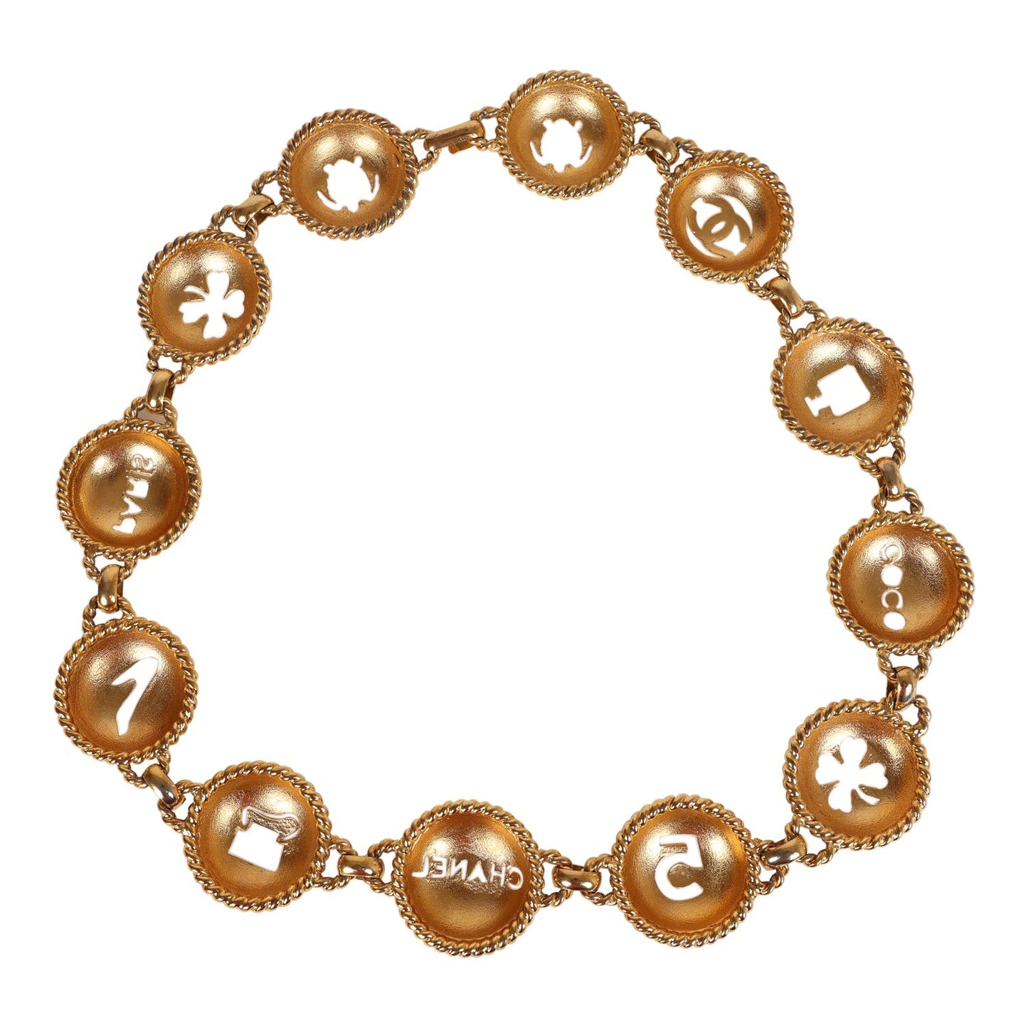 Chanel Vintage 24K Gold Plated Round Cutout Lucky Charms Chain Belt