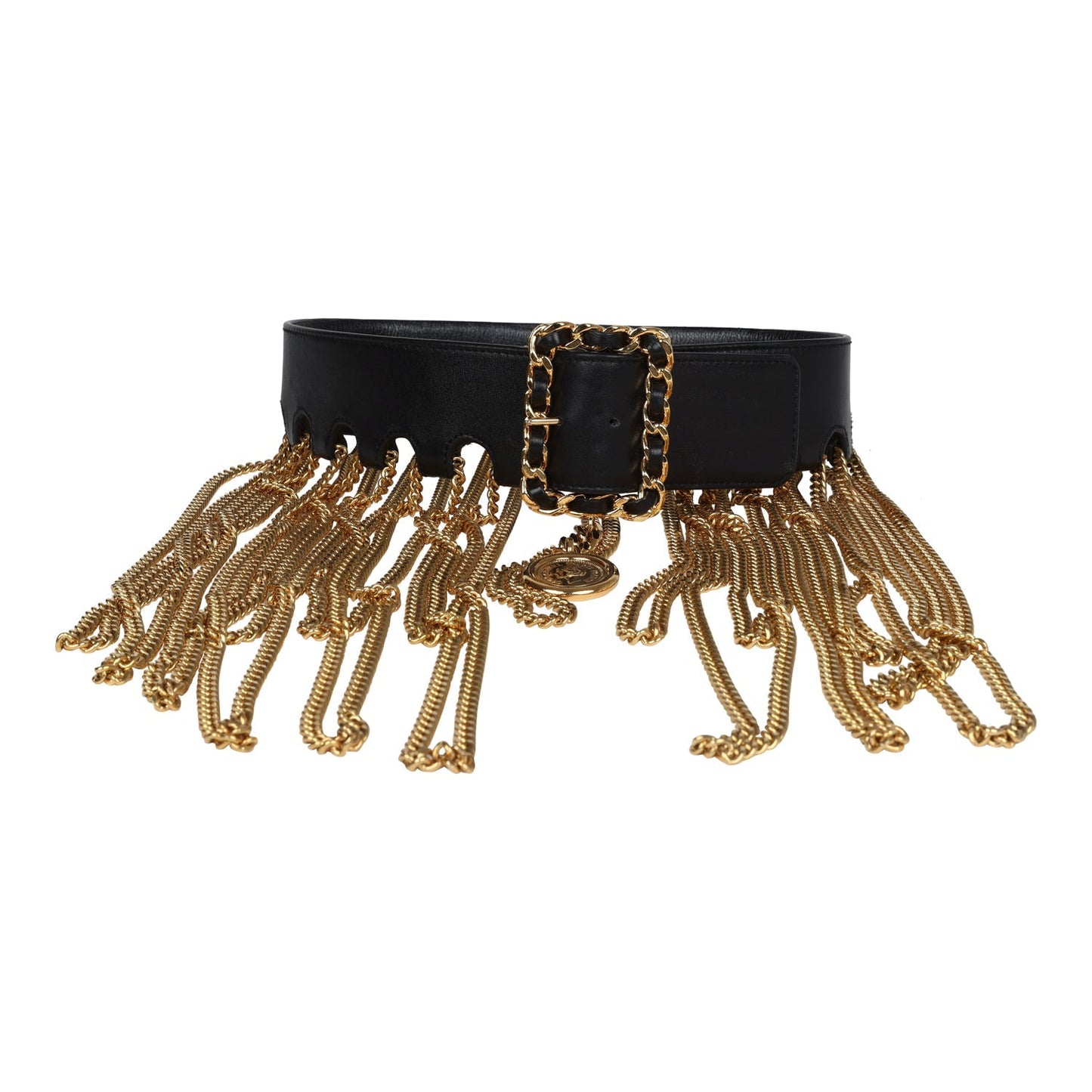 Chanel Vintage 24K Gold Plated Fringe Chain Leather Belt Black Leather
